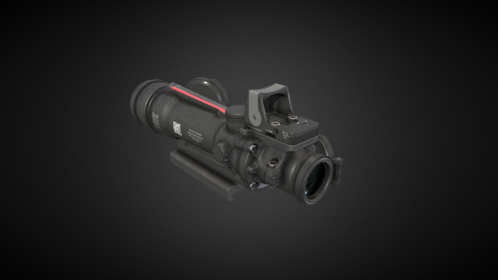 Variant of classic ACOG styled optic, mostly used on light machine guns like M249. 

Comes with Small RMR RedDot for quick target acquisition at close quarter distances.  

Model have 2 Main PBR Materials in 4K plus separate 2K for lenses and red dot. 

Verts:10K

Tris: 19.7K

(tad big but it have that reddot, mount for it and covers).  

Made in Blender 3d model