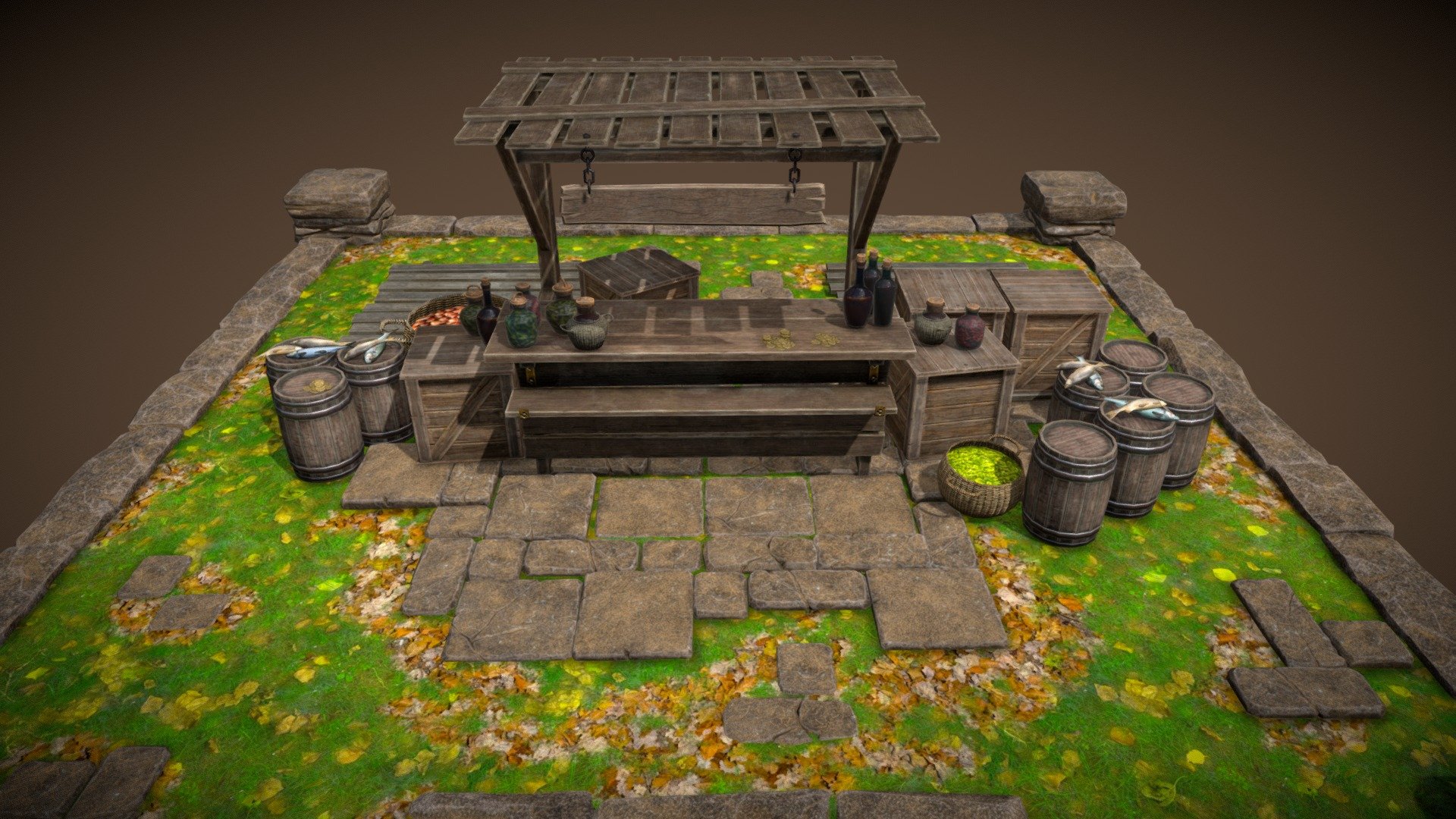 This asset is a collection of 3d models for creating a trading place in the world of your game. All models are presented as separate objects, so the scene can be disassembled and any items can be used separately. All objects have pbr-textures 2k 3d model