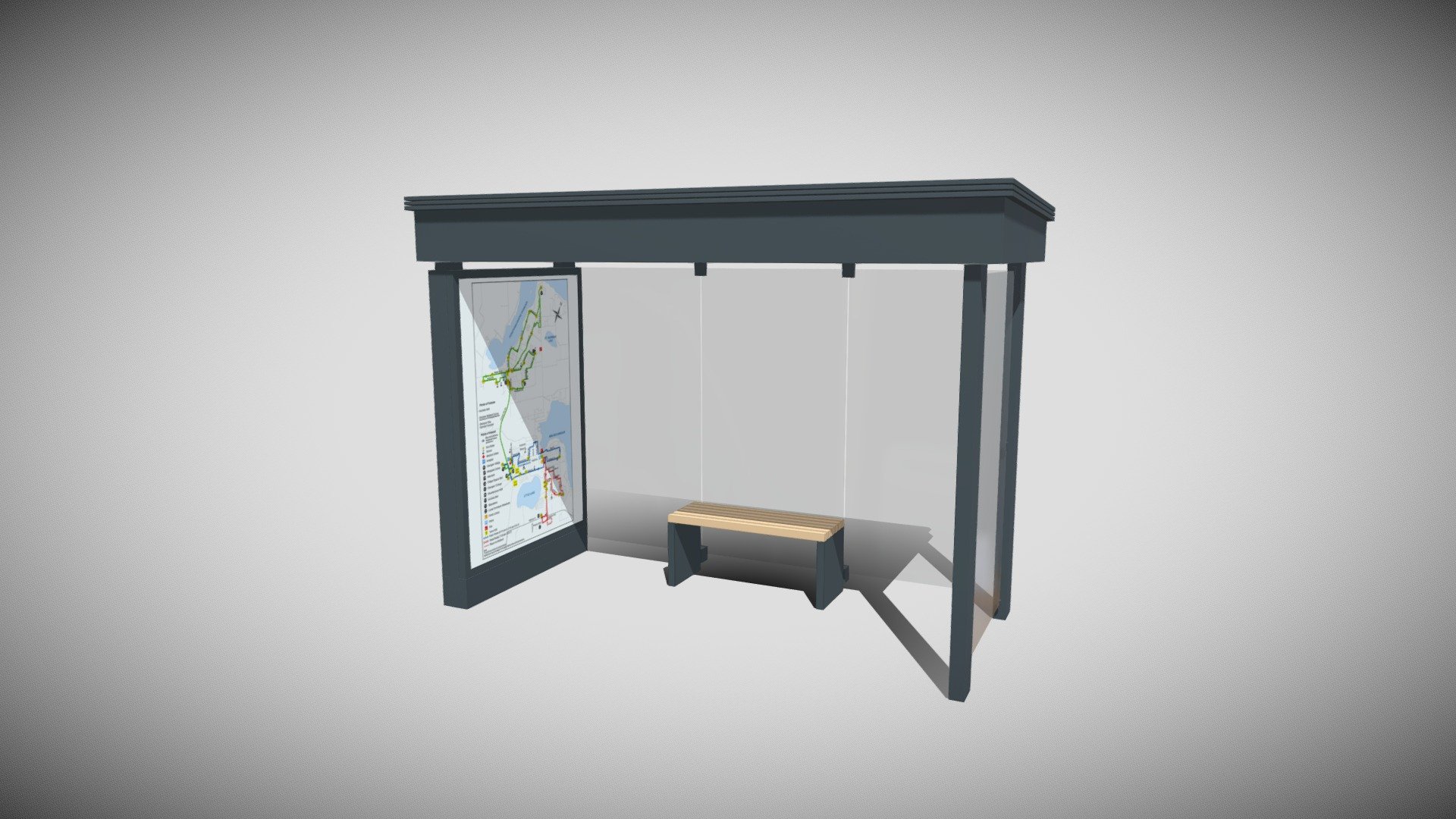 Detailed model of a Bus Stop Shelter, modeled in Cinema 4D.The model was created using approximate real world dimensions.

The model has 2,591 polys and 2,692 vertices.

An additional file has been provided containing the original Cinema 4D project files and other 3d export files such as 3ds, fbx and obj 3d model