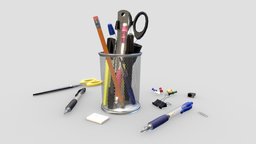 Stationery Collection Low-poly 3D model office, base, pencil, scissors, pen, button, card, paper, holder, collection, business, marker, buttons, ruler, eraser, stationery, sharpener, low-poly-model, lowpolymodel, low-poly-blender, paperclips, low-poly, pbr, lowpoly, low, poly, automatic-pen