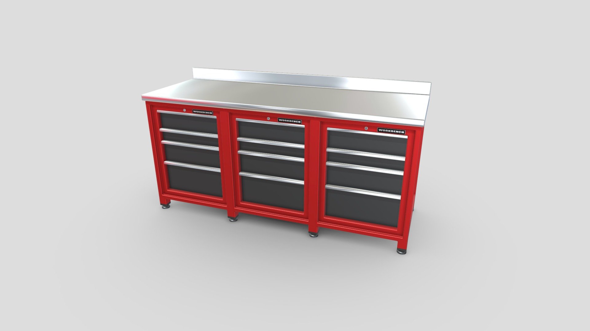 Workbench 3D model that I made using Blender. The mesh of this model is combined into one object, but certain parts of the mesh can be separated. The drawers can be moved out of the body of the model allowing them to slide out. Some key features of the model are the custom made “WORKBENCH” label as well as the keyhole found on each third of the model.

Features:


Includes GLTF file type instructions
Model uses the metalness workflow and 4K PBR textures in PNG format
Model has been manually UV unwrapped
Blend file includes pre-applied textures as well as camera and lighting setups
Lighting provided by included HDRi map downloaded from HDRi Haven
Model has been exported in 4 file formats (FBX, OBJ, GLTF/GLB, DAE/Collada)

Included Textures:


AO, Diffuse, Roughness, Gloss, Metallic
UVLayout

The source file that is uploaded is for demonstration use and is uploaded in FBX format. In the additional file you will find all model exports and the textures that go along with them 3d model