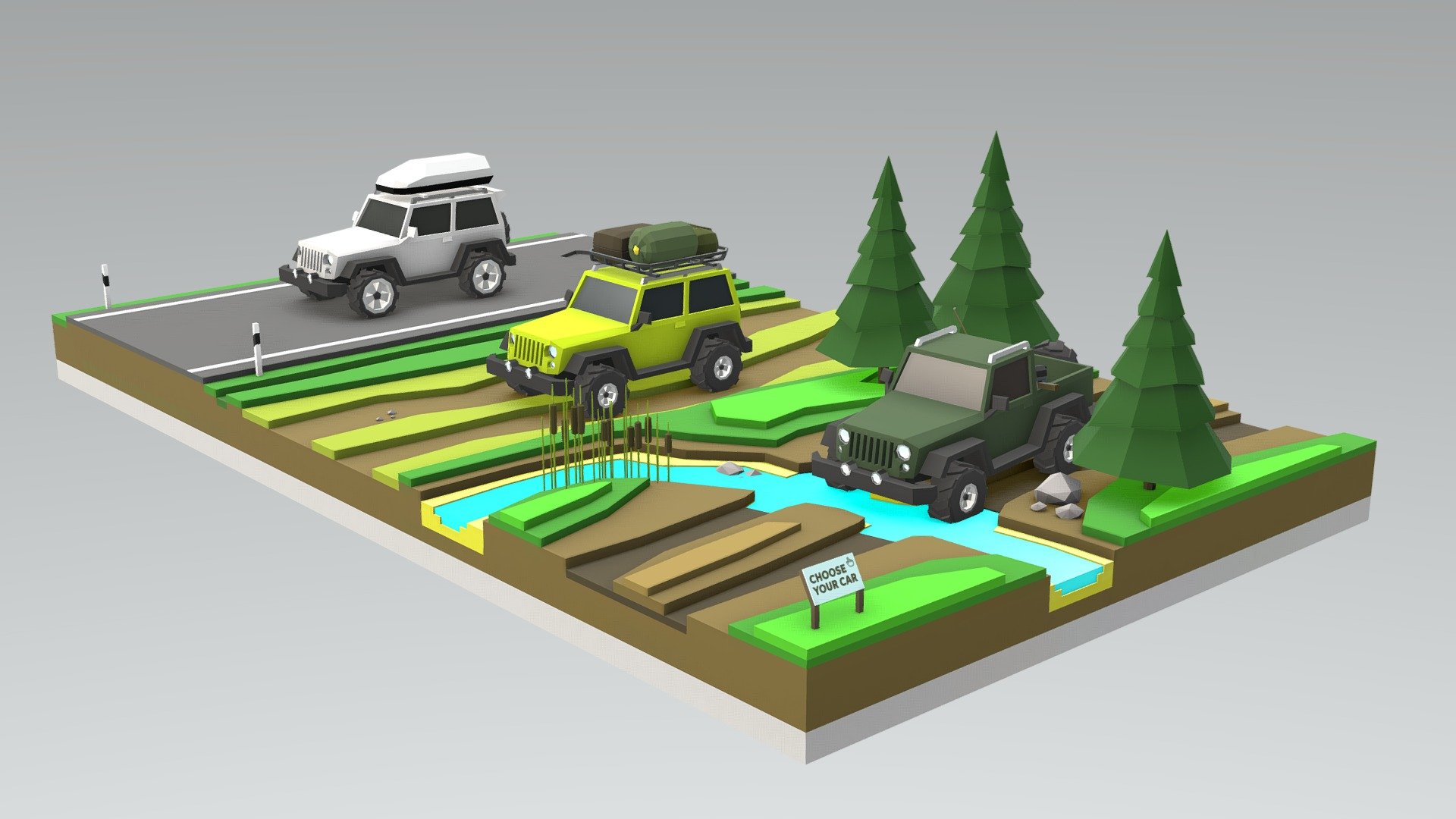 Three versions of my low poly Off-Road vehicle https://skfb.ly/KSzY (1.5-2k verts each) for a mobile game  No Color Maps only Vertex Colors plus some 0.5k Roughness Maps and AO Maps  - Modeled &amp; UVed in Maya  - Painted in Substance Painter  - Baked Vertex colors from SP color maps in Maya - Off-Road Cars - Buy Royalty Free 3D model by Robert Kotsch (@robertkotsch) 3d model