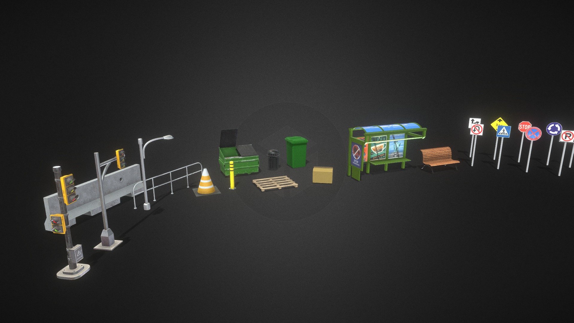 These are realistic different items of the city that will definitely be useful in city projects. The package includes:
-Bus stop
-Park bench
-Bin
-Trash bin(different)
-Industrial trash bin
-Barriers
-Traffic lights
-Street lamps
-Road signs
-Cardboard
-Wooden pallet

****Everything is Game Ready. No bugs and no problems.Textures are in the files. I hope you like it, if you have any questions, write to me. Thanks - City props - Buy Royalty Free 3D model by luka00 3d model