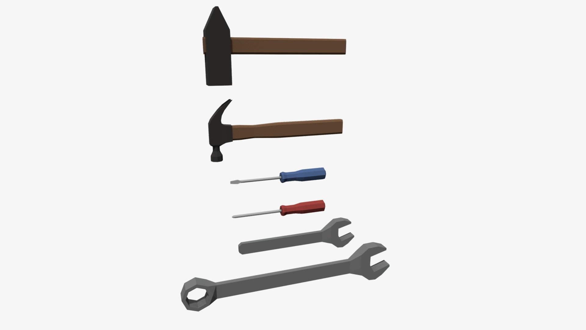 An Old Hammer, a Claw Hammer, Flat head Screwdriver, Phillips head Screwdriver, a Wrench and a Wrench with ratchet 3d model