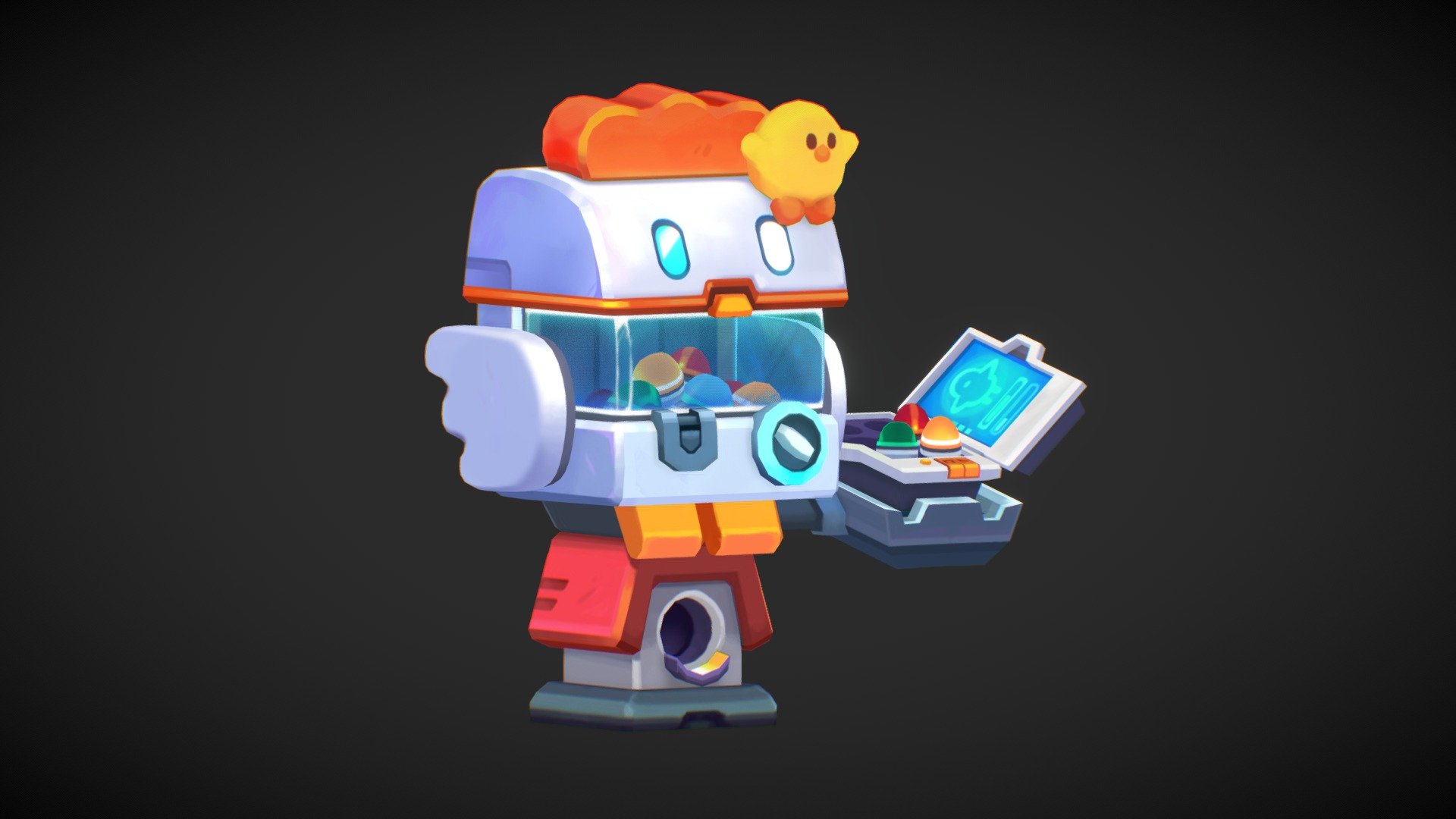 Created for the fourth week assignment of the CGMA Stylized Game Assets course. 

You send your robot units to attack another player's base. When a player wins a battle, they use their earned money to upgrade &amp; acquire new units from this gacha machine. They hold their eggs in an egg carton that also displays information on their collection! - Gachapon Egg Capsule Machine - 3D model by Justin Y (@justinwhy) 3d model