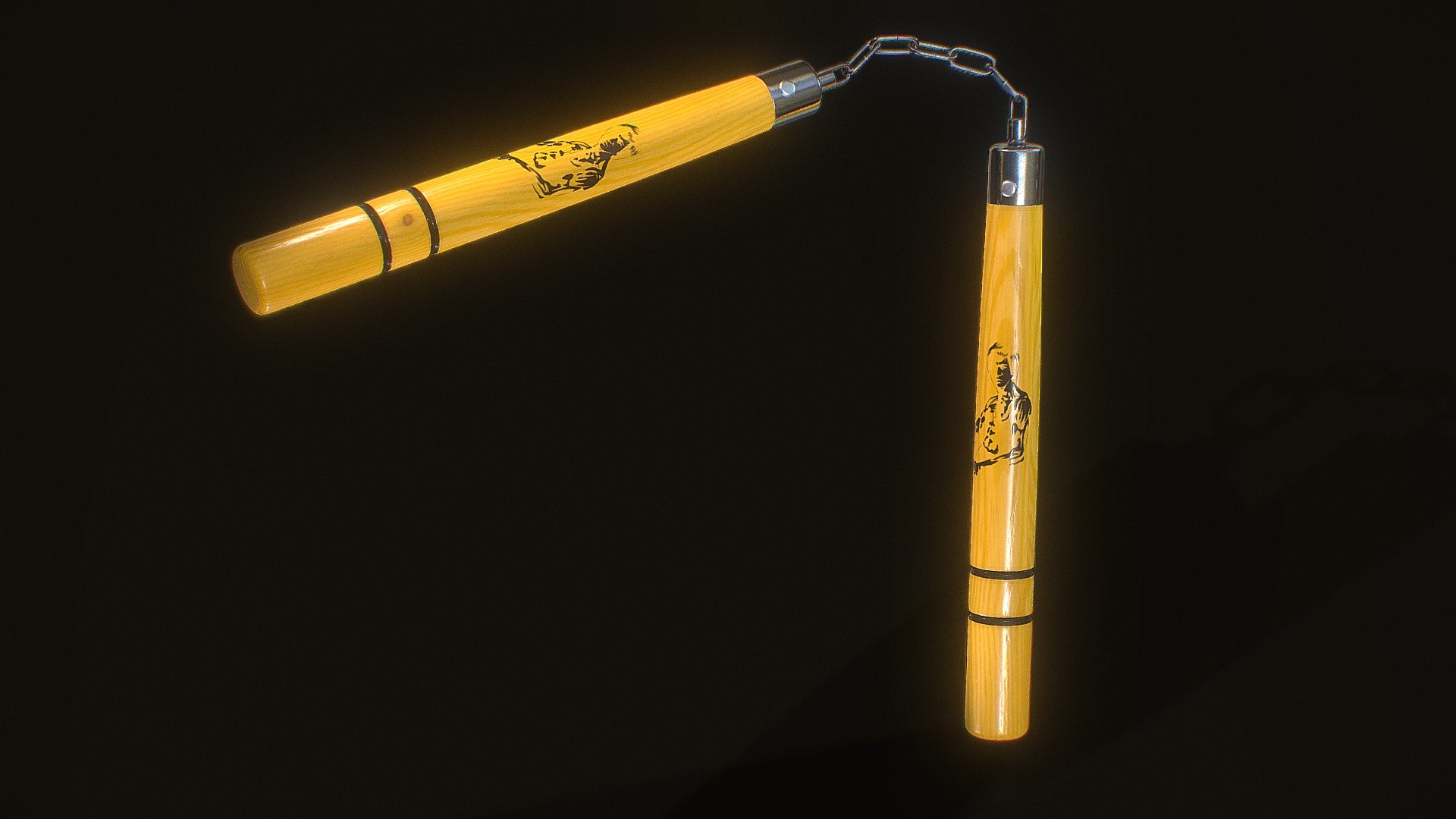3d model of a Nunchaku for using in handheld weapon. It can be animated as an melee attacking weapon in games and many other render scenes.

This model is created in Maya and textured in Substance 3d painter.

It is made in real-proportions.

High quality textures are available to download.

Metallic-roughness workflow which includes - Diffuse, AO, Metallic, Roughness and Normal Maps 3d model