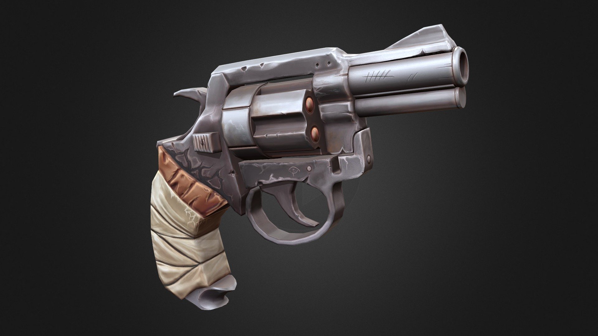 A stylized revolver prop, using a handpained diffuse texture as well as roughness and normal maps for a semi-PBR look.
Polycount: 1259 triangles
Textures: 2048x2048 (Diffuse, Normal, Roughness)

Artstation post: https://www.artstation.com/artwork/8b5dVG

Based on the concept art by Olekzandr Zahorulko: https://www.artstation.com/artwork/OyPwPv - Stylized Revolver Prop - 3D model by Vladimir Hashchyshyn (@VladimirHashchyshyn) 3d model