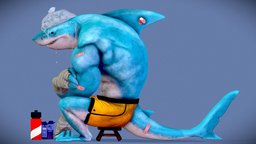 Tired Shark Guy shark, stool, cute, angry, sad, fun, fight, shorts, 3dart, cartoony, sports, poor, pool, 3d-model, 2dto3d, tired, stylizedcharacter, texture, stylized, pumpkin, concept