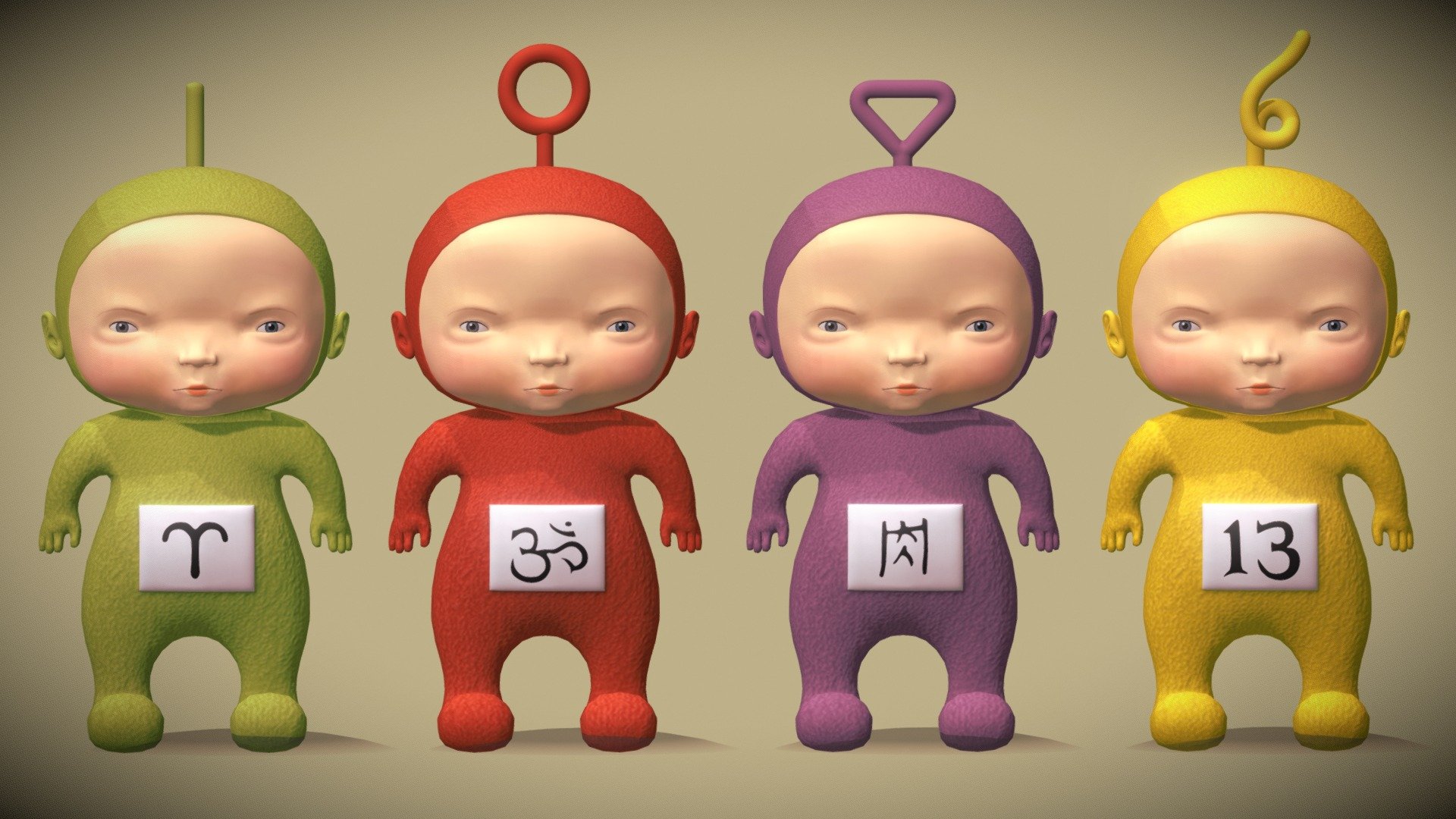 This model takes inspiration on the surreal version of the Teletubbies from artist Mark Ryden 



Here from left to right are
Dipsy, Po, Tinky Winky and Laa-Laa.
I modeled them in blender and painted the textures with the help of photoshop - Mark Ryden Tubbies - 3D model by Ginger L.v.A (@gingerlva) 3d model