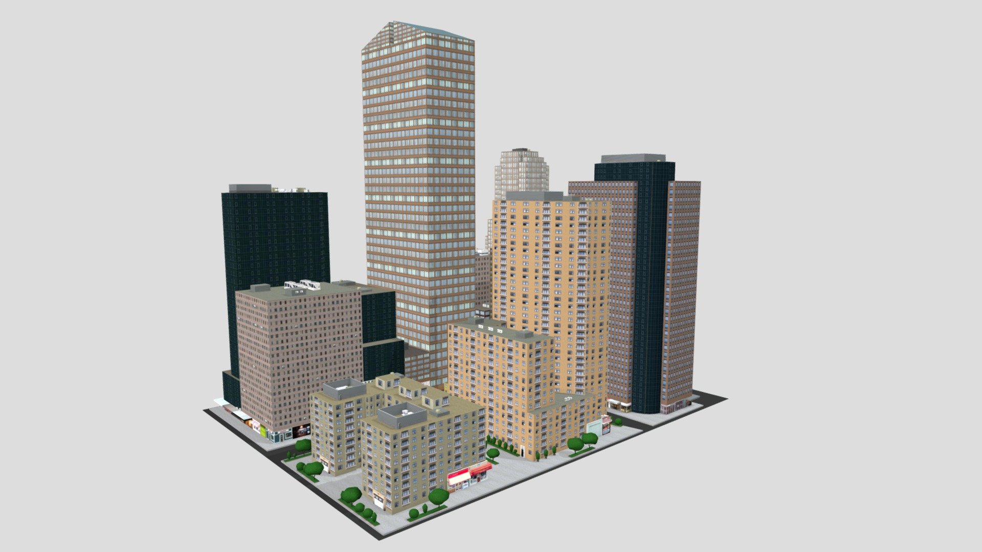 Low poly city block based on New York City ideal for game engines and VR.

Includes high-resolution color textures for Building facade, Shop-fronts, Trees, Footpath, and Roof air conditioning plant 3d model