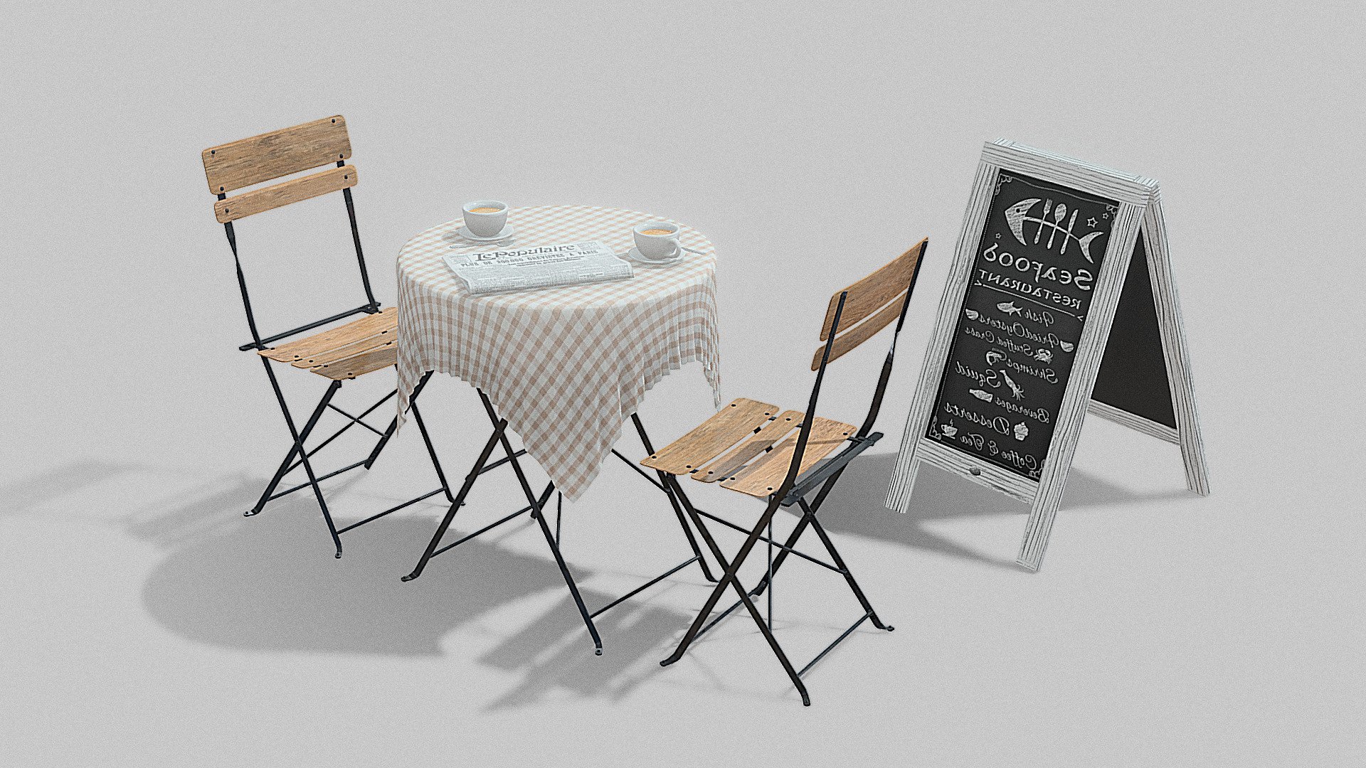This Street cafe objects is a high end, photorealistic 3D model, that is created to help you add the realism to your project.

The model is suitable for any visual production - broadcast, high-res film close-ups, advertising, games, design visualization, forensic presentation, animated movie production, still illustration etc.

Model has real world scale, clean optimized topology. Scene contains table, chair, coffee cup, spoon, newspaper, sidewalk chalkboard menu 3d model