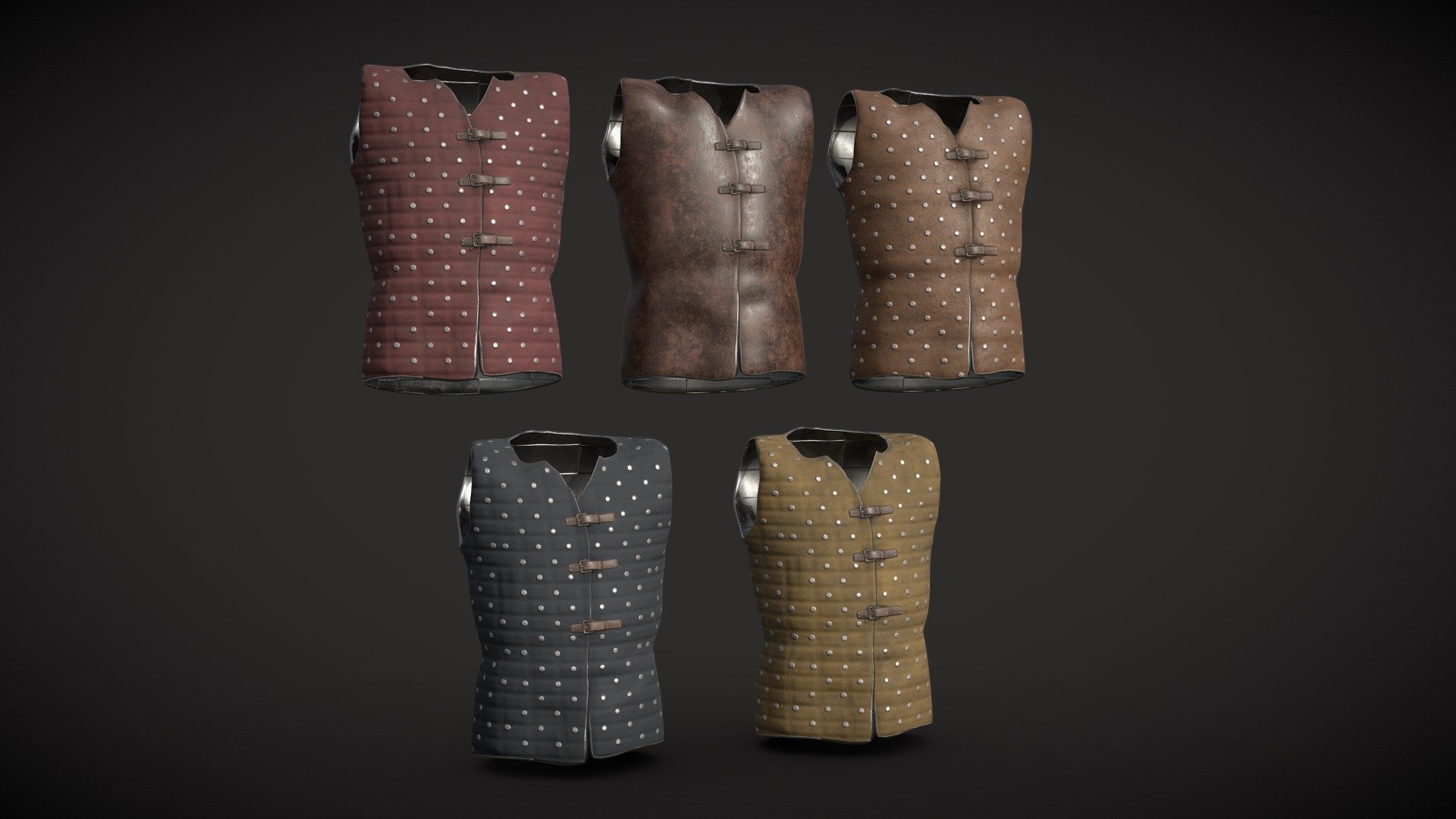 A brigandine is a form of body armour from the Middle Ages. It is a garment typically made of heavy cloth, canvas or leather, lined internally with small oblong steel plates riveted to the fabric, sometimes with a second layer of fabric on the inside.
Historically accurate game ready asset modeled in Blender and high quality PBR (Diffuse/Metallic/Roughness/Normal_OpenGL) textures in Substance Painter at 4k 2k and 1k resolution.  5 Base Color/Diffuse variations including leather and split leather. OBJ, FBX and .blend file. Differents LOD implementations.

LOD 00

Vertex 28328
Faces 28318

LOD 01

Vertex 7089
Faces 7080 - Medieval Brigandine Armour - Buy Royalty Free 3D model by XYZ 3Dassets (@XYZ3Dassets) 3d model
