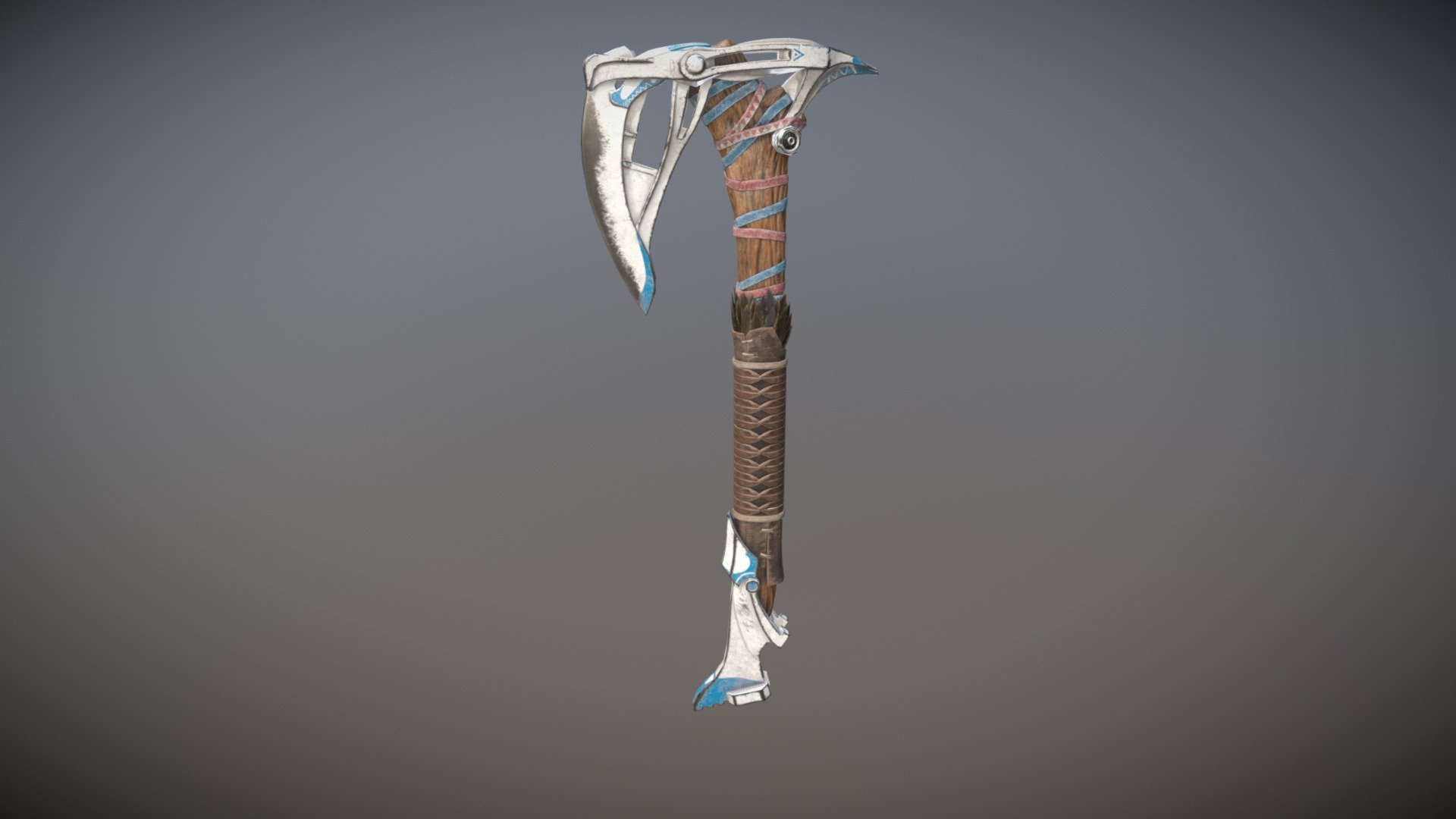 Axe designed with Horizon's overall artstyle in mind. Many of the parts are based on original weapons from the game.
Concept, modeling and texturing by me.

I got lazy with the tris, 11k is bit much

2k texture for body and additional for feathers - Axe inspired by Horizon: Zero Dawn - 3D model by Naxster 3d model