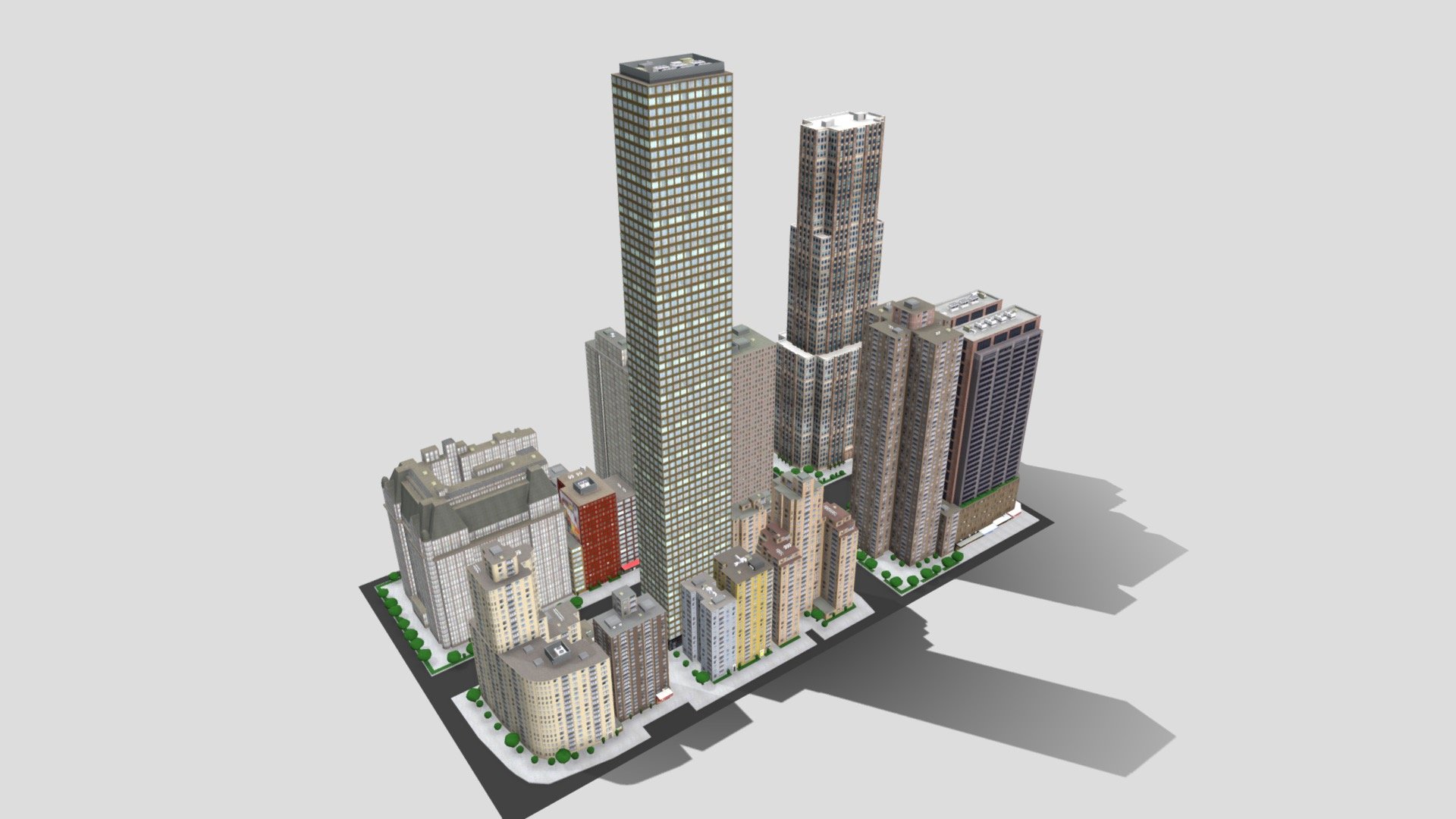Low poly city block based on New York City ideal for game engines and VR.

Includes high-resolution color textures for Building facade, Shop-fronts, Trees, Footpath, and Roof air conditioning plant 3d model