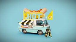 Hotdog Foodtruck Lowpoly food, truck, vintage, hotdog, sausage, streetfood, foodtruck, cartoon, lowpoly, stylized, hotdog-van, streetfoodstand