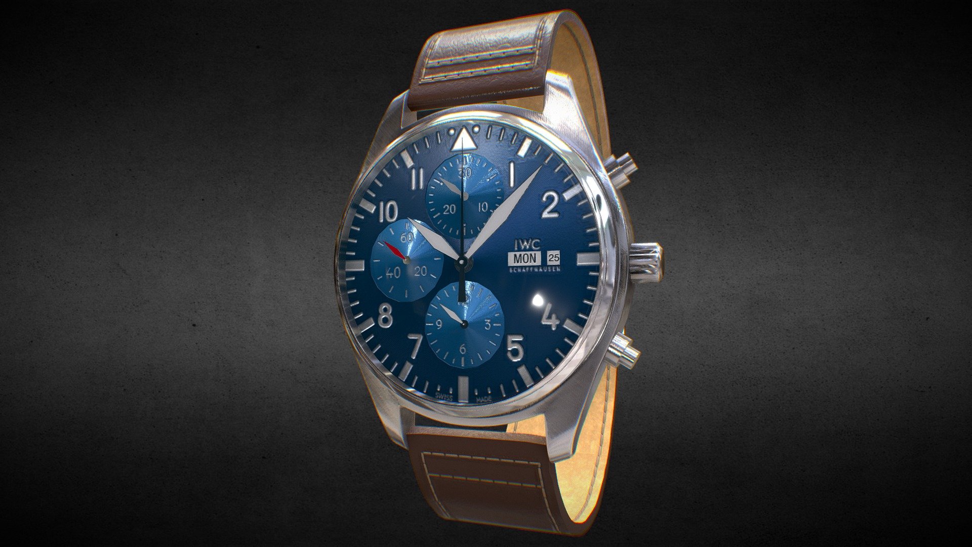 Awesome stainless steel IWC Pilots Le Petit Prince Man's  watch with leather strap.
Use for Unreal Engine 4 and Unity3D. Try in augmented reality in the AR-Watches app. 
Links to the app: Android, iOS

Currently available for download in dae format.

3D model developed by AR-Watches

Disclaimer: We do not own the design of the watch, we only made the 3D model 3d model