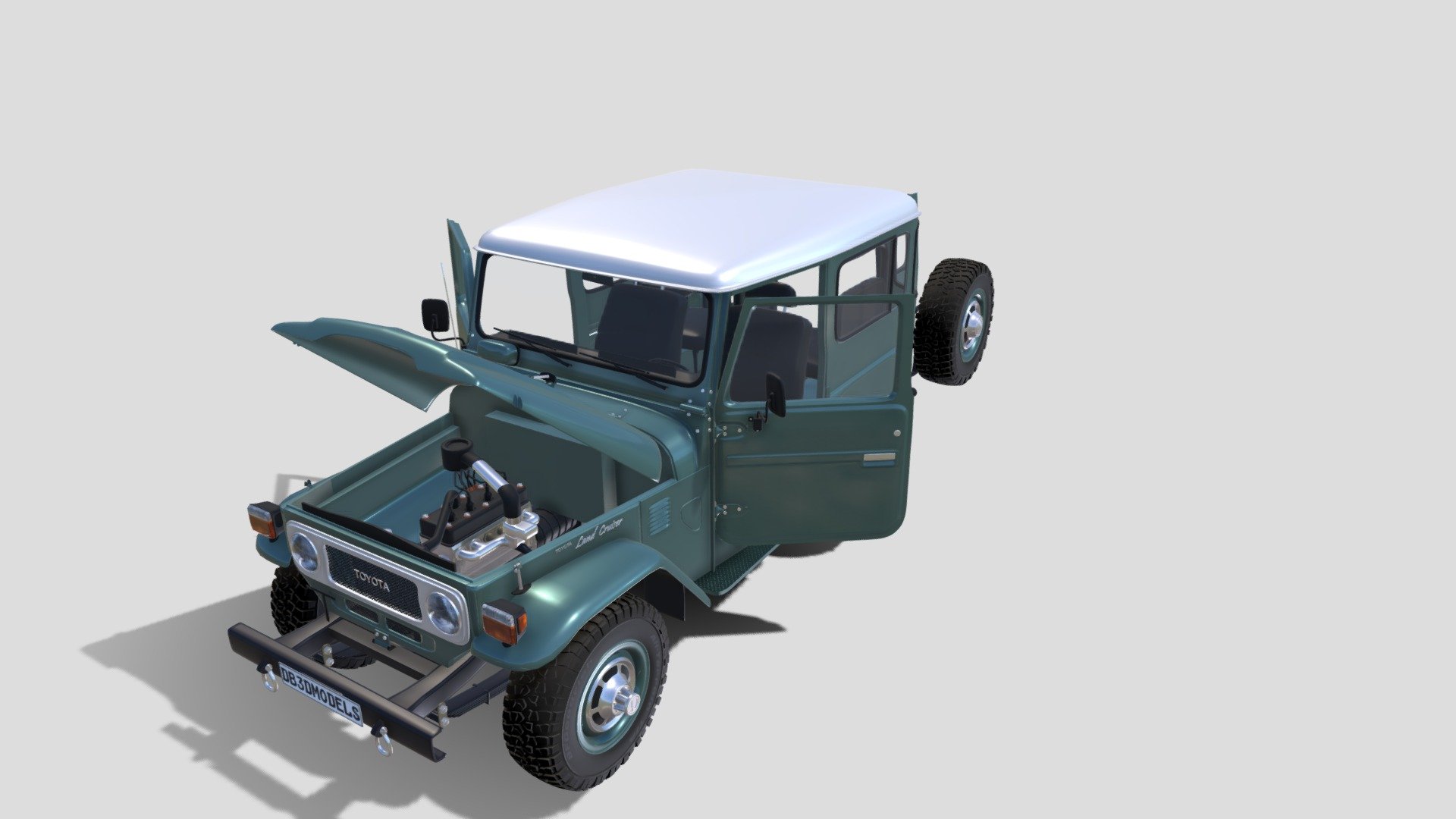 A very accurate model of the Toyota Land Cruiser FJ-40, with a HIGHLY DETAILED INTERIOR AND CHASSIS, WITH ENGINE, SUSPENSION AND BRAKES MODELED.

File formats:
-.blend, rendered with cycles, as seen in the images;
-.blend, rendered with cycles, with doors open, as seen in images;
-.obj, with materials applied and textures;
-.obj, with materials applied and textures and doors open;
-.dae, with materials applied and textures;
-.dae, with materials applied and textures and doors open;
-.fbx, with material slots applied;
-.fbx, with material slots applied and doors open;
-.stl;
-.stl with doors open;

3D Software:
This 3d model was originally created in Blender 2.79 and rendered with Cycles.

Materials and textures:
The model has materials applied in all formats, and is ready to import and render.
The model comes with multiple png image textures.

Preview scenes:
The preview images are rendered in Blender using its built-in render engine &lsquo;Cycles' 3d model