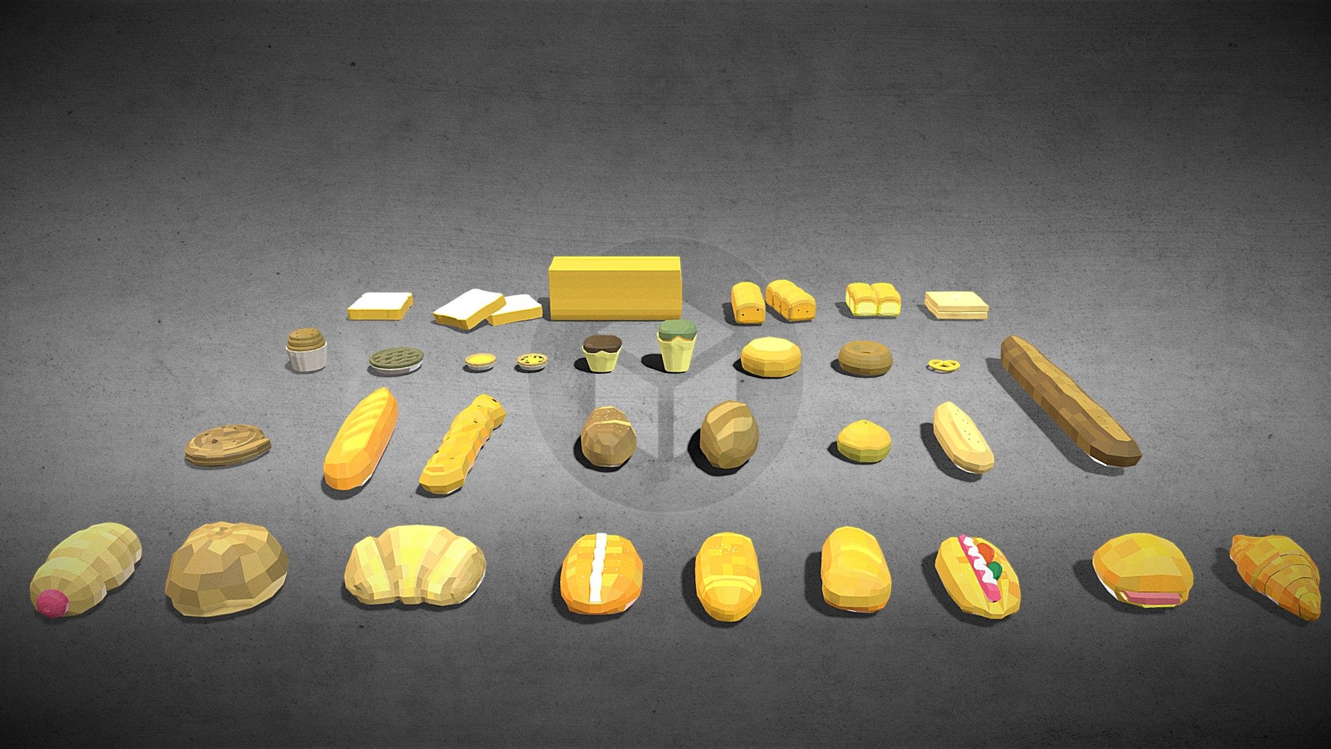 Bread is a staple food prepared from a dough of flour (usually wheat) and water, usually by baking.

This model pack includes Cocktail Bun, Coconut Bun, Apple Tart, Bagel, Baguette, Brezel, Brezen, Chocolate Cake, Cinnamon Roll, Croissant, Cup Cake, Egg Tart, French Bread, French Pudding Bread, Garlic Bread, Ham and Egg Bun, Hot Dog Bun, Muffin, Pineapple Bun, Portuguese Egg Tart, Sausage Roll, Sliced Bread, Sourdough Bread, Sweet Plain Bun, Toast, Tuna Bun, Wheat Bread with Raisin, and White Bread.  

These breads are usually sold in Hong Kong bread shop and supermarket.

30 models, game-ready assets, tested in Unity and Blender.

All together with 11000 faces only. No brand name or logos. Free to use.

My Website businessyuen.com 

Drink Pack, please visit here

Snack Pack, please visit here 3d model