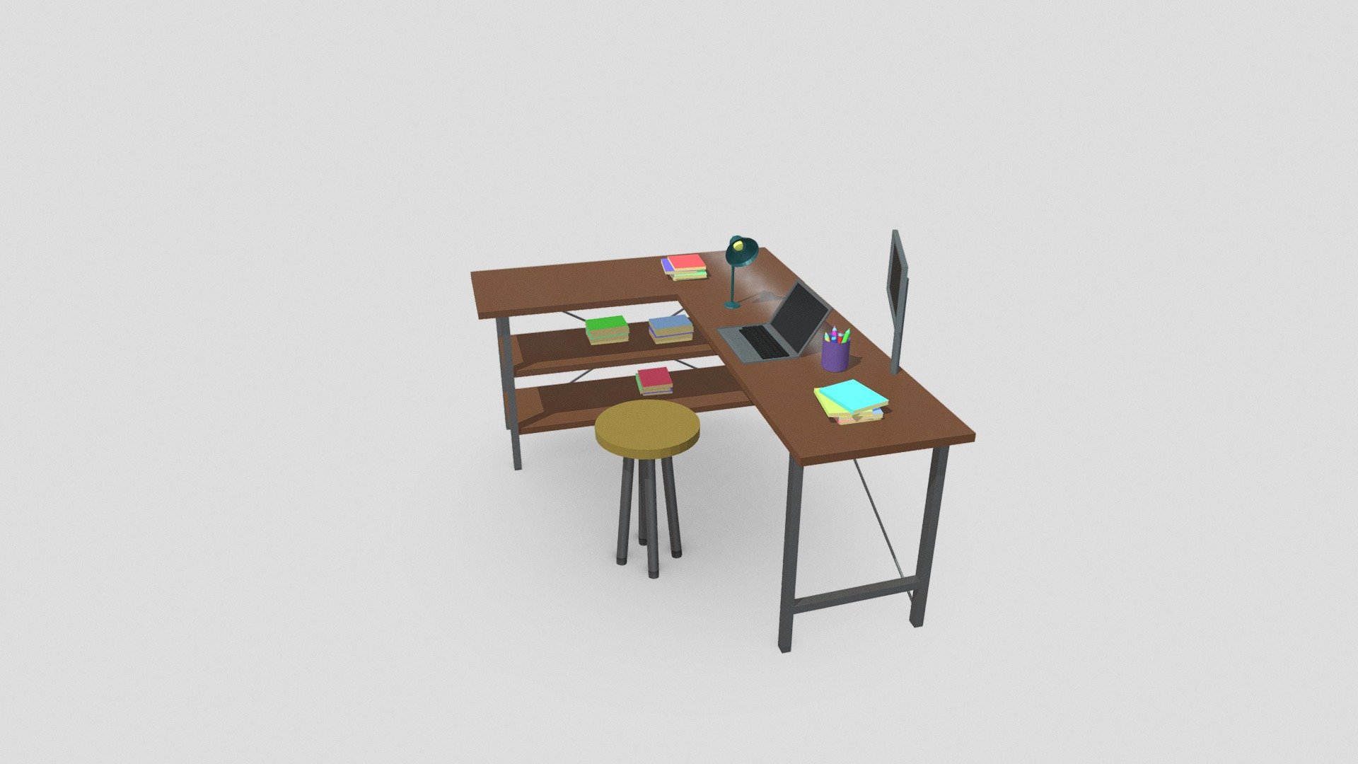 notebook on desk, with books, pencil, lamp and screen&hellip; - laptop home office - 3D model by larissabatistagil1 3d model