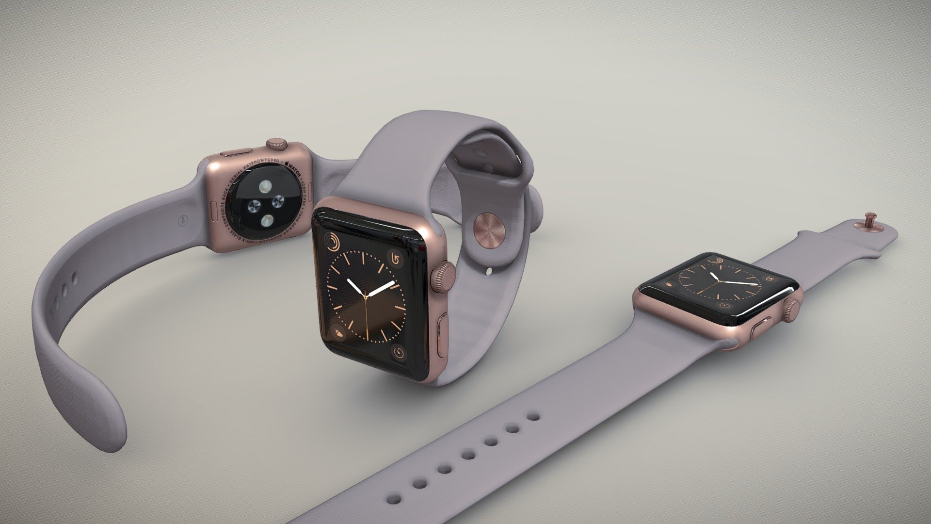 •   Let me present to you high-quality low-poly 3D model Apple Watch 42mm Rose Gold Aluminum Case with Lavender Sport Band. Modeling was made with ortho-photos of real watch that is why all details of design are recreated most authentically.

•    This model consists of two meshes, it is low-polygonal and it has only one material. 

•   The total of the main textures is 5. Resolution of all textures is 4096 pixels square aspect ratio in .png format. Also there is original texture file .PSD format in separate archive.

•   Polygon count of the model is – 4294.

•   The model has correct dimensions in real-world scale. All parts grouped and named correctly.

•   To use the model in other 3D programs there are scenes saved in formats .fbx, .obj, .DAE, .max (2010 version).

Note: If you see some artifacts on the textures, it means compression works in the Viewer. We recommend setting HD quality for textures. But anyway, original textures have no artifacts 3d model