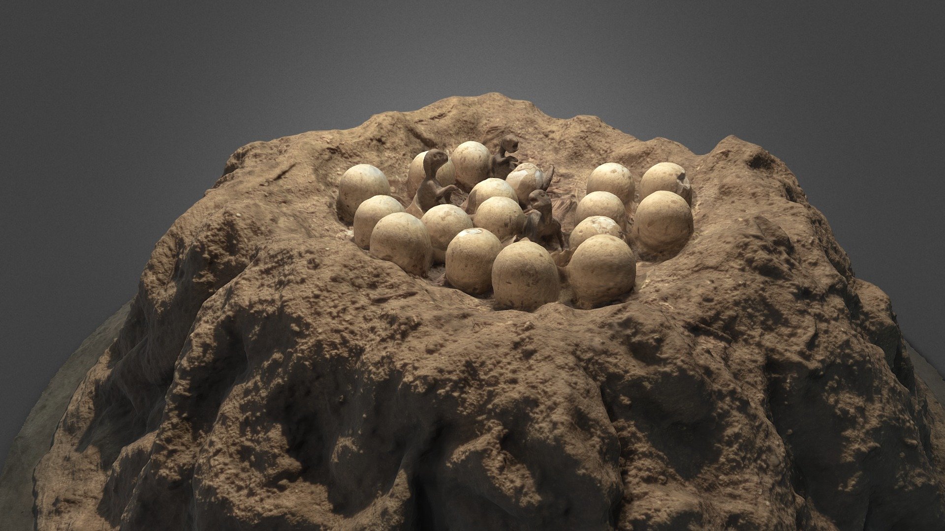 Maiasaura is one of the most famous examples of dinosaur nests and parental behaviour. This is a Museum model of what a nest with eggs and hatchlings might have looked like. 

See : https://www.nhm.ac.uk/discover/were-dinosaurs-good-parents.html - NEST DINOSAUR Maiasaura NHM LONDON 2020 - Download Free 3D model by Arqueomodel3D (@juanbrualla) 3d model