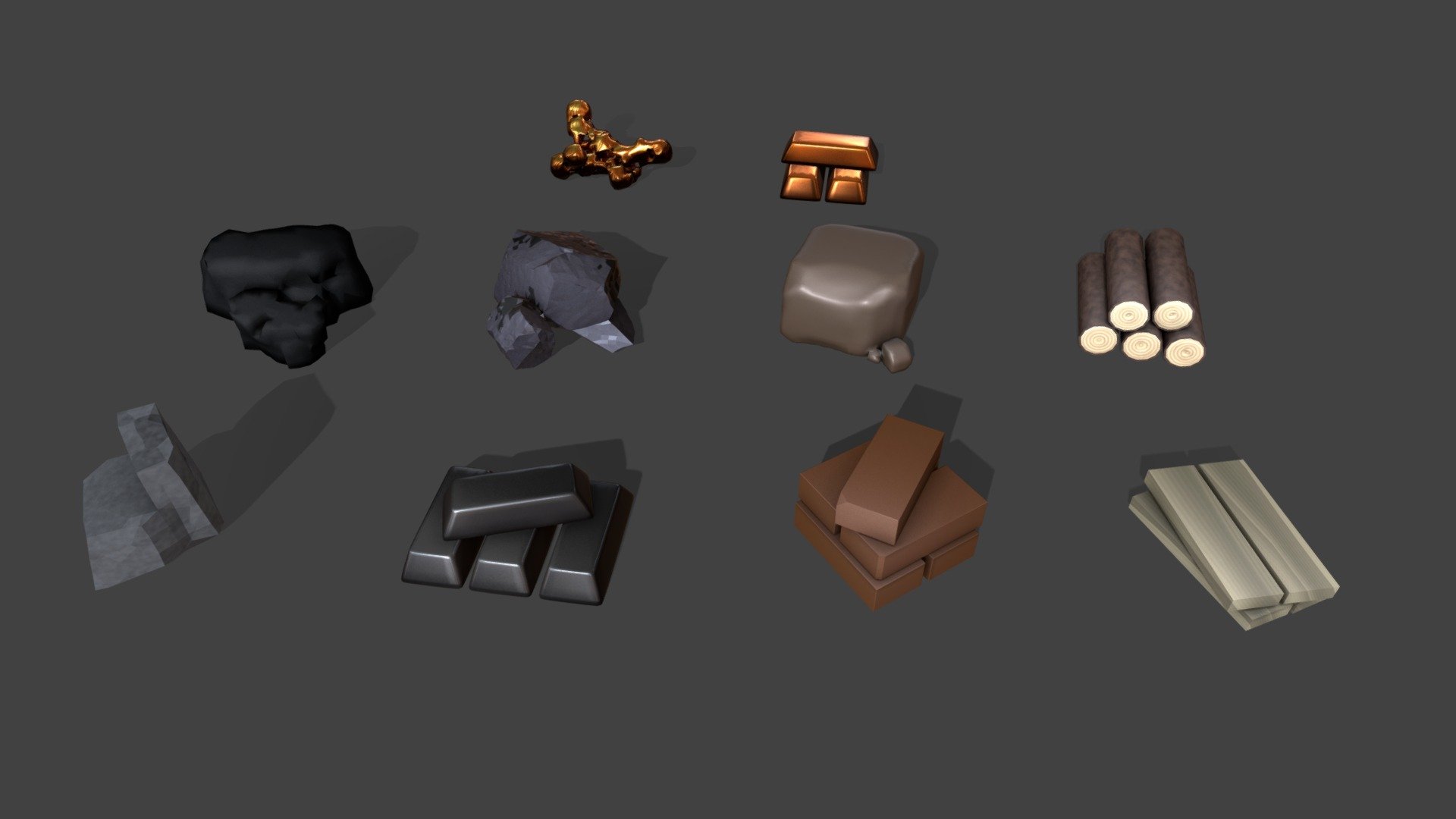 Raw materials. Each model has 1024 x 1024 size texturemap, which is a combined bake, and models are shown here with just the one texture applied.
Coal,Stone,iron ore, Iron Ignot, clay, bricks, wood, timber, gold, and gold ignot 3d model