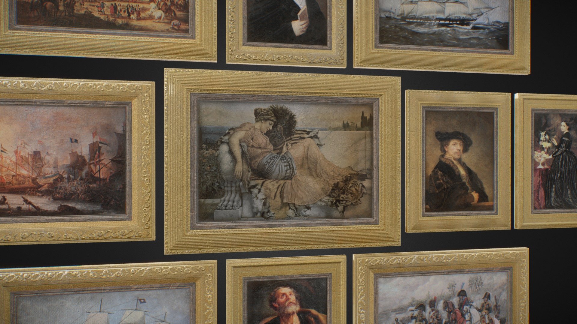 This model is a collection of game ready Victorian-era framed paintings.

Features




Includes 10 antique framed oil paintings 

The model is low-poly and optimised for use in game, VR, AR, archviz, and visual production.

The model has clean topology and is unwrapped with no overlaps.

2,520 triangles; 1,520 vertices.

Modelled in Blender and textured in Substance Painter.

Textures

1 PBR texture set. All textures are in .png at 4096x4096 and includes: Base Colour, Roughness, Metallic, Normal 3d model