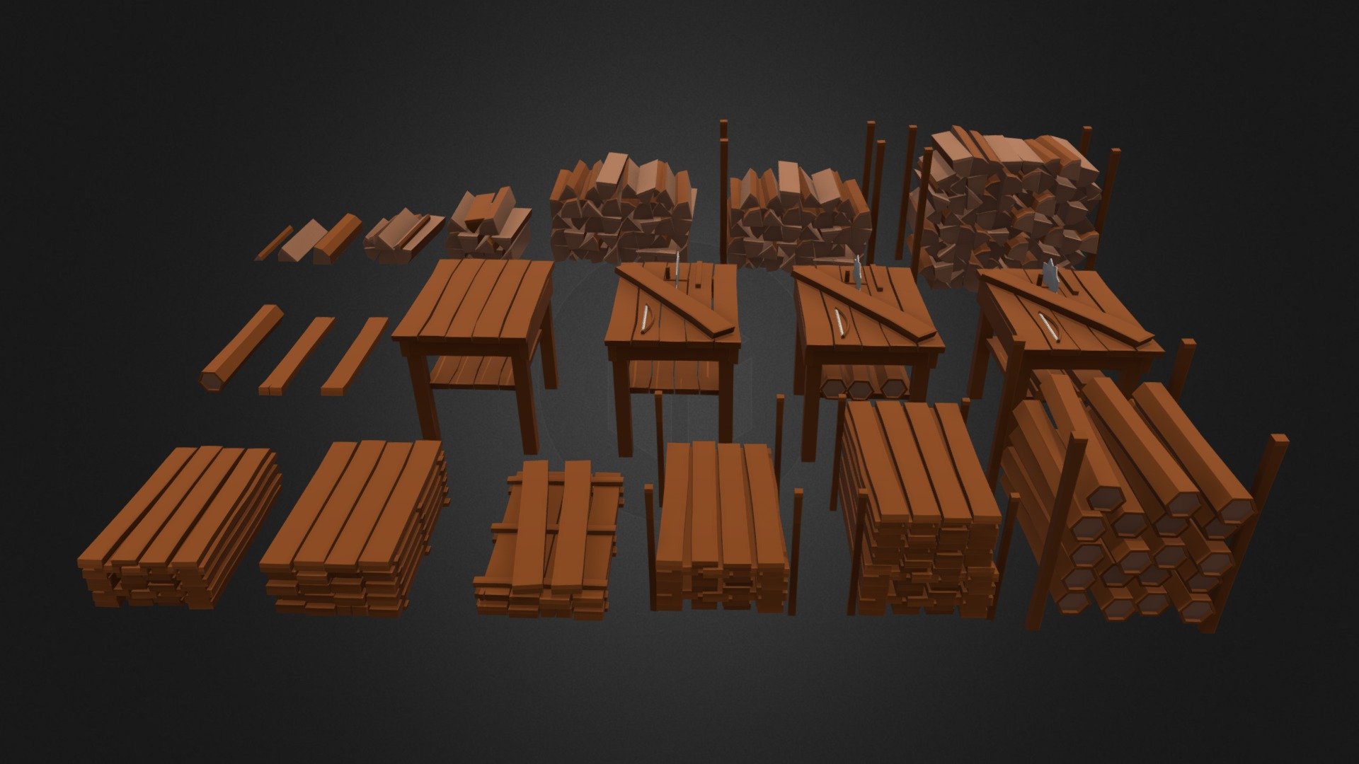 This is a Lowpoly pack of wooden props / sawmill 

[Contents]

Total Models x21
x1 wooden log
x2 planks
x3 split logs
x5 split log piles
x5 plank piles
x1 wooden log pile
x1 bench
x3 sawmill benches

[Colours]

3 colours of wood, grey metal

Original Models / Lowpoly Models / Game ready Props

SimplePolygon Discord
https://discord.gg/8WSpWnGH4b

[Licence] Not to resell model, can sell commercially in end project/game

Credit myself, SimplePolygon

If you have any further questions I will be happy to answer 3d model