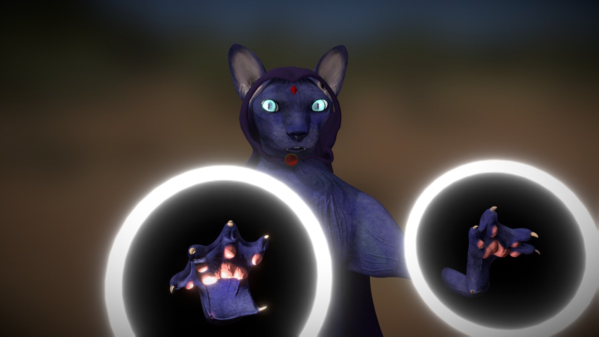 I just love Raven. The fact is that I was thinking of a raven Raven but I also love Sphynx so I combined the two, after all, a cat is fine too.
Btw, the paws of the Sphynx looks like hands, that's not my idea, they look like this for real and I must admit that it amazes me 3d model
