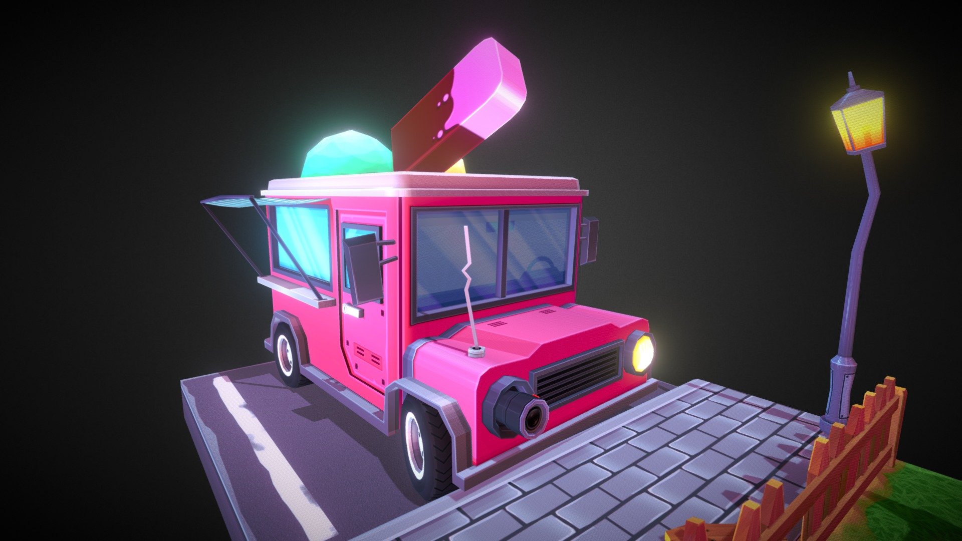 My second artwork for sketchfab. Your neighborhood ice cream truck, that you can always trust, to deliver sweets for your kids to suck on! Just be careful, hes watching you&hellip;
P.S Between you and me, I don't trust the driver, he looks kinda sketchy&hellip;
For rendered images, check www.electrocactus.com - Ice Cream Van - Buy Royalty Free 3D model by Kaspars Pavlovskis (@kaspars_3d) 3d model