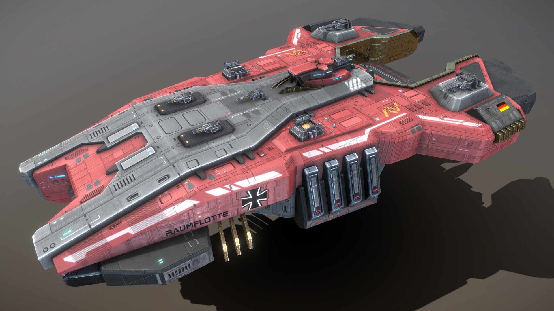 This is a model of a low-poly and game-ready scifi spaceship. 

The weapons are separate meshes and can be animated with a keyframe animation tool. The weapon loadout can be changed too. 

This model has optional maneuvering thrusters for newtonian physics based movement. They do fit on other ships too.

The model comes with several differently colored texture sets. The PSD file with intact layers is included.

Please note: The textures in the Sketchfab viewer have a reduced resolution (2K instead of 4K) to improve Sketchfab loading speed.

**If you have purchased this model please make sure to download the “additional file”.  It contains FBX and OBJ meshes, full resolution textures and the source PSDs with intact layers. The meshes are separate and can be animated (e.g. firing animations for gun barrels, rotating turrets 3d model