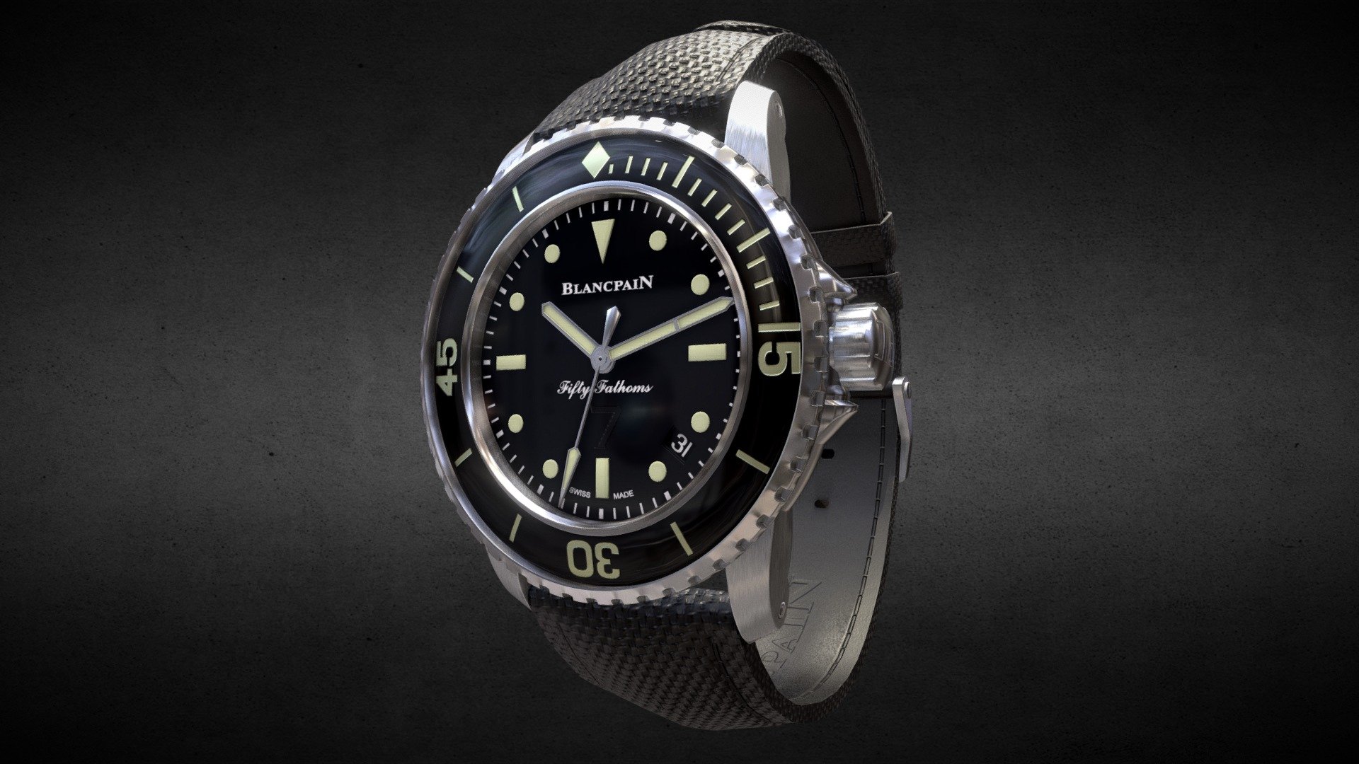 Awesome stainless steel Blancpain Fifty Fathoms Watch․
Use for Unreal Engine 4 and Unity3D. Try in augmented reality in the AR-Watches app. 
Links to the app: Android, iOS

Currently available for download in FBX format.

3D model developed by AR-Watches

Disclaimer: We do not own the design of the watch, we only made the 3D model 3d model