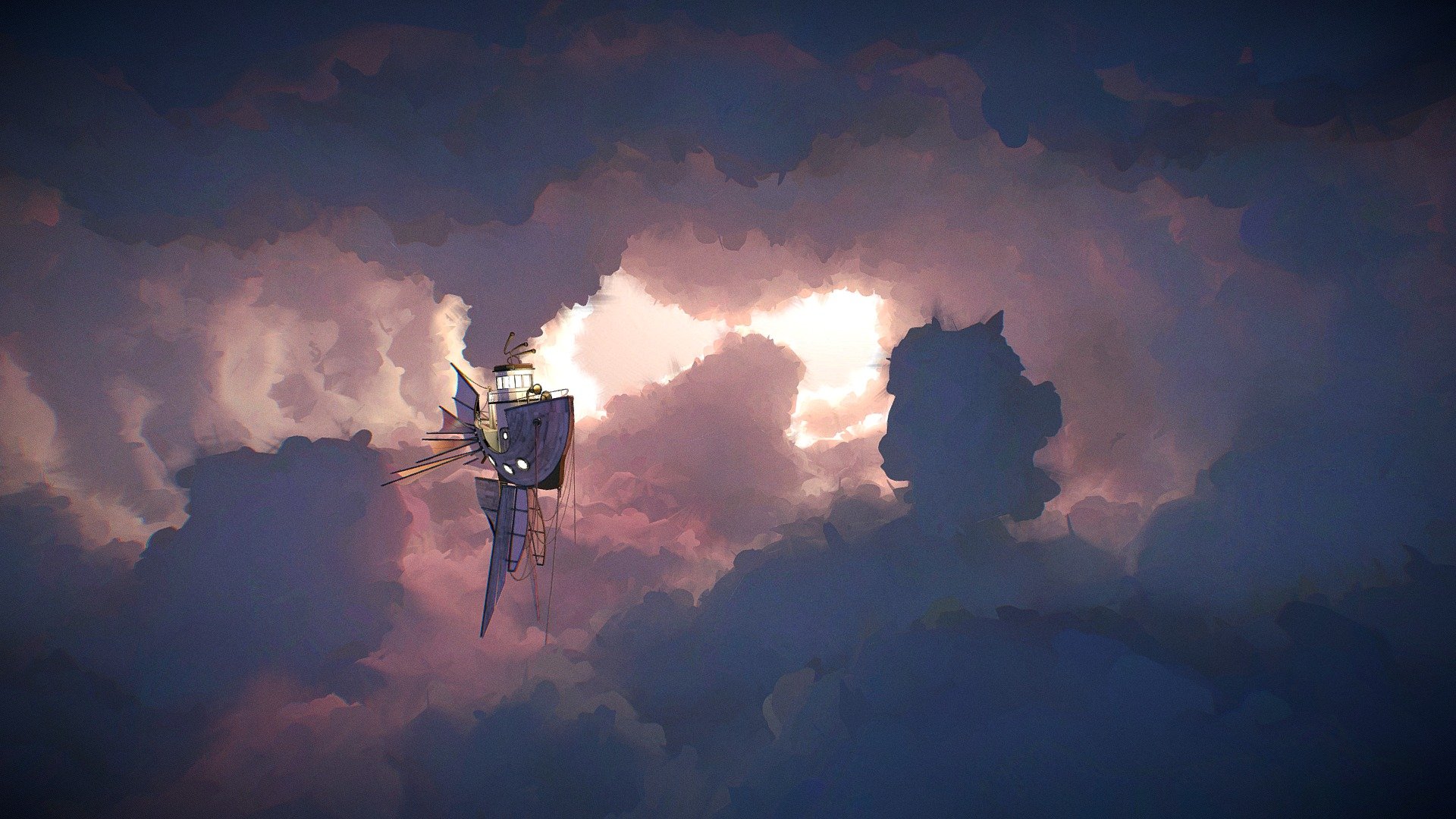 This ship has thrown his anchor to pass the night in the clouds. 

This scene was originally created for my master project a few years ago. But I made some changes in the concept, and so unfortunately the scene was never used. 

The project was about how the fauna and flora could have evolved if there was 20% less gravity on earth. 

Here you can look at the final video: https://vimeo.com/44600023

For the people who are wondering how there clouds are made: https://vimeo.com/220119976 - Ship in Clouds - Download Free 3D model by Bastien Genbrugge (@bastienBGR) 3d model
