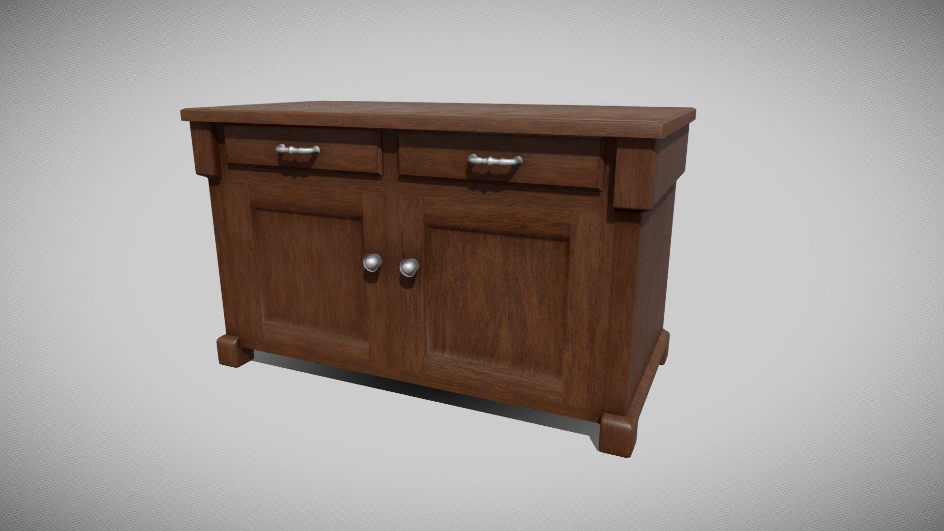 This is an old cabinet with doors and drawers (can be easily animated). There are two materials (one for the wood and the other for handles) and three 4k textures (albedo, roughness and normal map). The model is well optimized for games but still looks good enough for high quality renders 3d model
