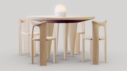 Wooden Table Set lamp, stool, set, dinner, furniture, table, bright, scandinavian, realistic, kitchen, pbr, wood, interior