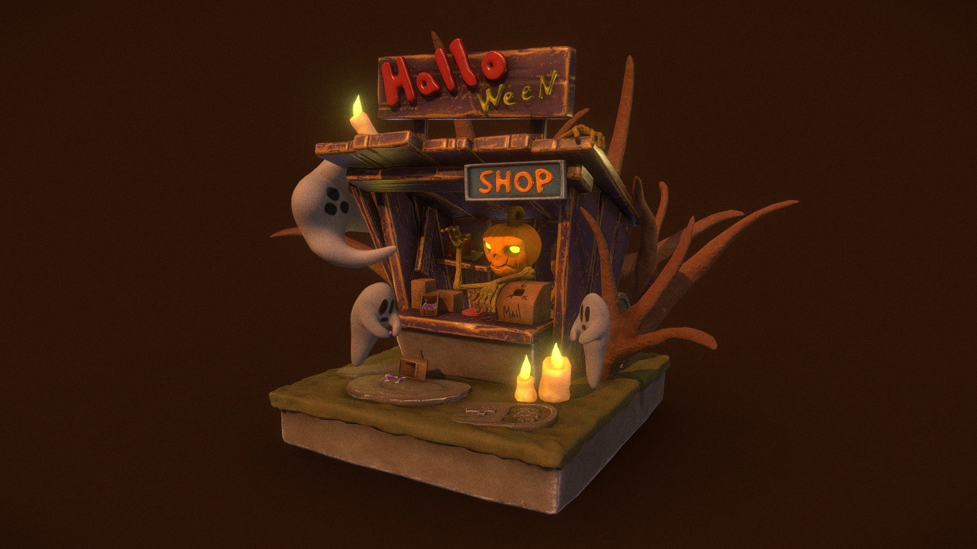 This is a small market house of the Pumpkin Man, who live nearby of clumsy ghosts.

Look on ArtStation https://www.artstation.com/artwork/3da6nB

Work made specially for #HauntedHouseChallenge 3d model