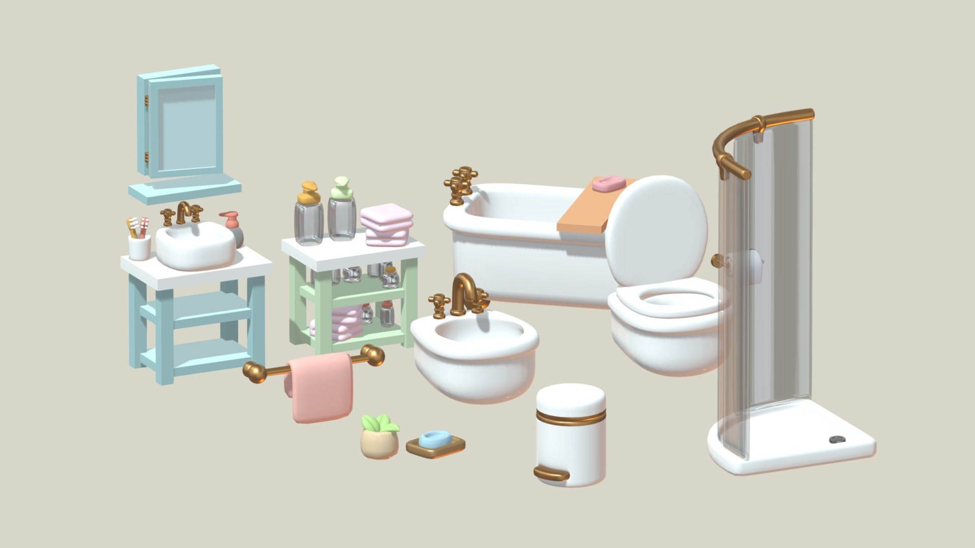 Bathroom objects pack: contains a bathtub, a shower, bathroom accessories, a toilet, a bidet, a sink, etc&hellip;

Hope you like it! - Bathroom Pack - 3D model by Nicky Blender (@nickyblender) 3d model