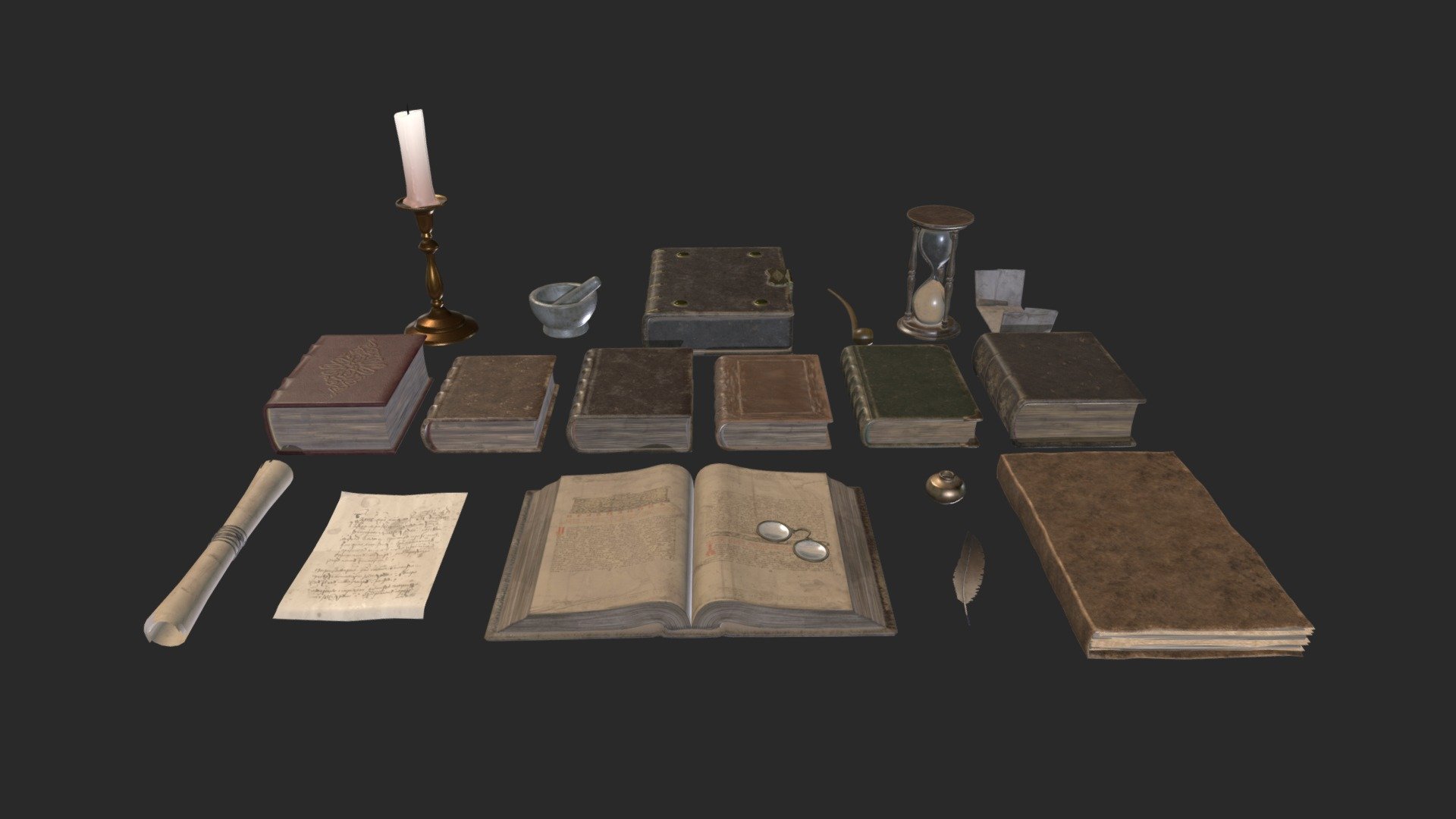 Collection of low poly library supplies: 19 items in total. Ready for game.

Texture resolution: 512x512, 1024x1024, 2048x2048.

Unwrapped UVs: Non-overlapping 3d model