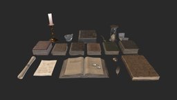 Library Books Collection ancient, medieval, photorealistic, laboratory, candle, equipment, old, prophecy, scroll, copper, alchemy, distillation, knowledge, alchemical, sandglass, book, fantasy, magic