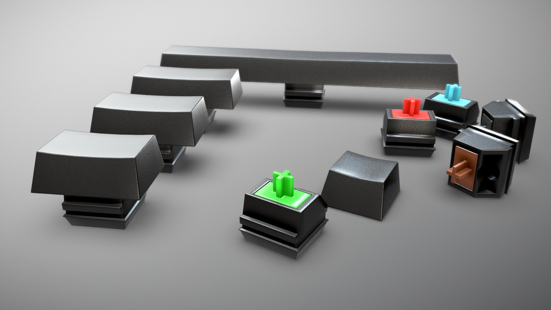 A pack of mechanical keys, with real-world sizes, fit for interior renders, is VR/AR ready, with a PBR workflow, and even suitable as a game asset.

The model contains a Zip file, with:


2 Versions for every file format: Beveled - suitable for subdivision and/or smooth shading, Subdivided - subdivided in advance;
Tailored textures with multiple resolutions (2K, 4K, 6K) for a PBR Metalness workflow, such as DIFFUSE/METALLIC/ROUGHNESS/NORMAL;
Both OpenGL and DirectX normal maps;
An additional preview scene with a camera, lights, and a background;
All model versions have UV unwrapping, appropriate pivot/origin points and object parenting (if needed);
Multiple color versions (5)
A keyboard symbols layout PSD file (and a png image)

Formats: 


fbx.
obj.
dae.
blend.


Scale: Real World - Metric
Dimensions cm: 1.8 x 1.8 up to 11.7 x 2 (0.7 x 0.7 up to 4.6 x 0.8'&lsquo;)
Model parts: 2 per key (keycap and the switch)
Geometry: All quads with few appropriate triangles
 - Mechanical Keys for a Keyboard -Keycaps Switches - Buy Royalty Free 3D model by PatrickZhiaran 3d model