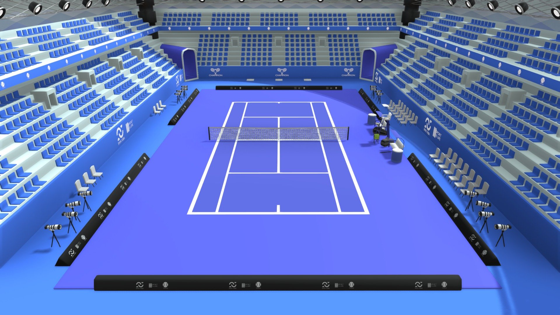 3D model of a tennis stadium with an oval roof in shades of blue and white - Tennis Stadium - 3D Model - Buy Royalty Free 3D model by Shin Xiba 3D (@Xiba3D) 3d model