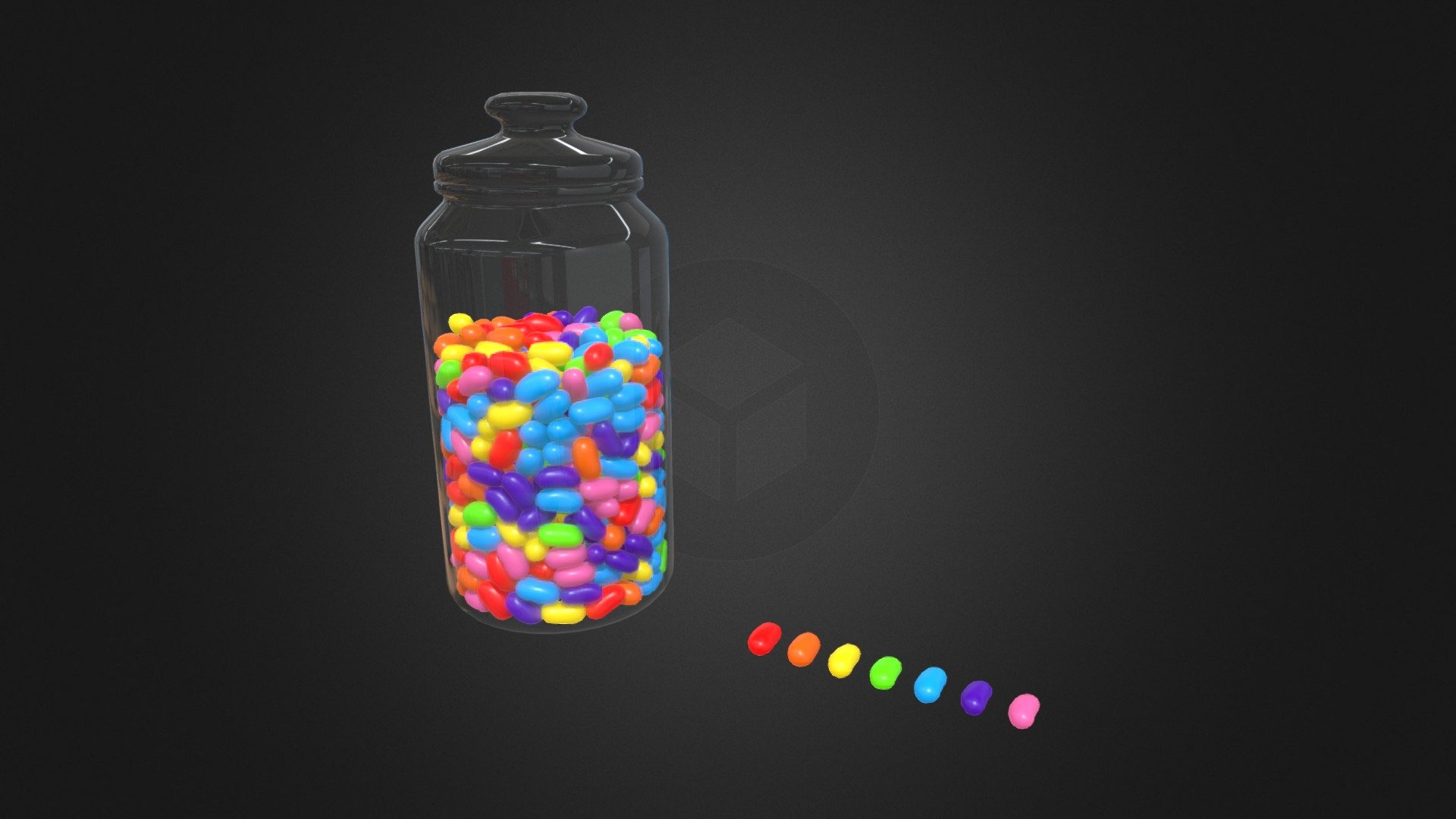 High-poly models of jelly beans and a jar. Suitable for use as a prop.

You get:




A glass jar containing many jelly beans. Lid included. ~100k polygons

7 individual jelly bean objects. Colours: red, orange, yellow, lime, blue, purple, pink. ~250 triangles each.

Jelly bean normal and diffuse textures (1k, png). All jelly beans share these textures, no geometry overlaps. Note: glass is not UV mapped and has no texture.
 - Jelly Beans and Jar - Buy Royalty Free 3D model by Martin Ibbett (@unyxium) 3d model