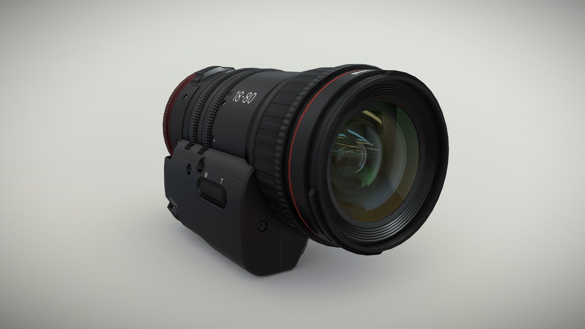 •   Let me present to you high-quality low-poly 3D model Canon Compact-Servo CN-E 18-80mm T4.4 EF Lens. Modeling was made with ortho-photos of real lens that is why all details of design are recreated most authentically.

•    This model consists of two meshes, it is low-polygonal and it has two materials (Lens body and Glass Lenses).

•   The total of the main textures is 4. Resolution of all textures is 4096 pixels square aspect ratio in .png format. Also there is original texture file .PSD format in separate archive.

•   Polygon count of the model is – 8578.

•   The model has correct dimensions in real-world scale. All parts grouped and named correctly.

•   To use the model in other 3D programs there are scenes saved in formats .fbx, .obj, .DAE, .max (2010 version).

Note: If you see some artifacts on the textures, it means compression works in the Viewer. We recommend setting HD quality for textures. But anyway, original textures have no artifacts 3d model
