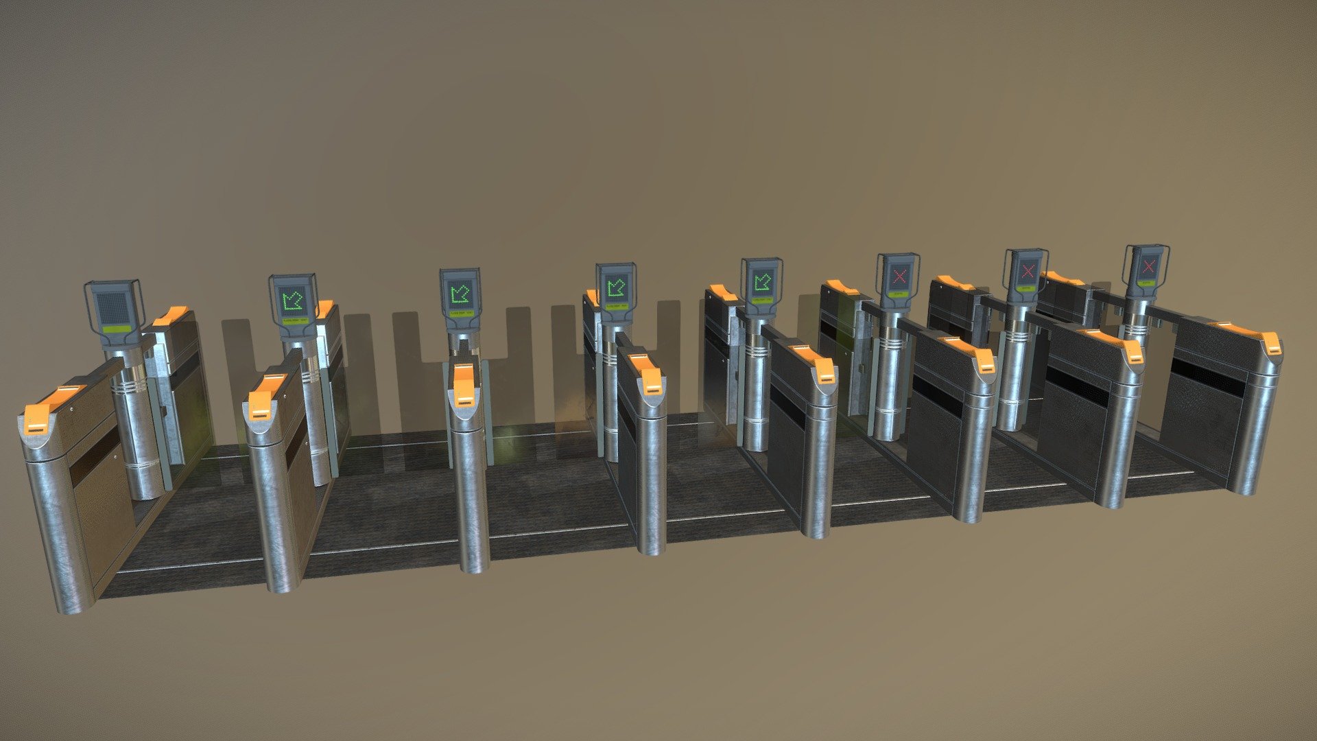 A collection of automated Ticket Barriers. Normally found in and around UK based railway stations.
Game ready mesh and textures for the Ticket Barrier. High quality textures to support PBR/ Physically Based Rendering. For Games and VR projects.
4 meshes total; 3 Ticket barrier variants &amp; respective ground mat.
4k and 2k resolution textures are available. Optimize to your preference.

Available with the set:


4 mesh sets, each with at least 5 textures in .png and .tga format.
Textures for the Ticket Barrier included in .png and .tga format: Albedo, Normal, Metallic, Roughness, Ambient Occlusion, Emissive
Optimized for Game Engines, such as Unreal 4 and Unity
Meshes complete with separate mesh elements, ready to be rigged and animated
Fully UV unwrapped with no overlaps
Geometry at 3000 Polygons, 6362 Tris, 3554 Verts for the Ticket Barrier #1
Geometry at 2931 Polygons, 6190 Tris, 3456 Verts for the Ticket Barrier #2 &amp; #3
Geometry at 10 Polygons, 20 Tris, 26 Verts for the Barrier Mat
 - Ticket Barrier Set - Buy Royalty Free 3D model by BR industries (@betarazer) 3d model