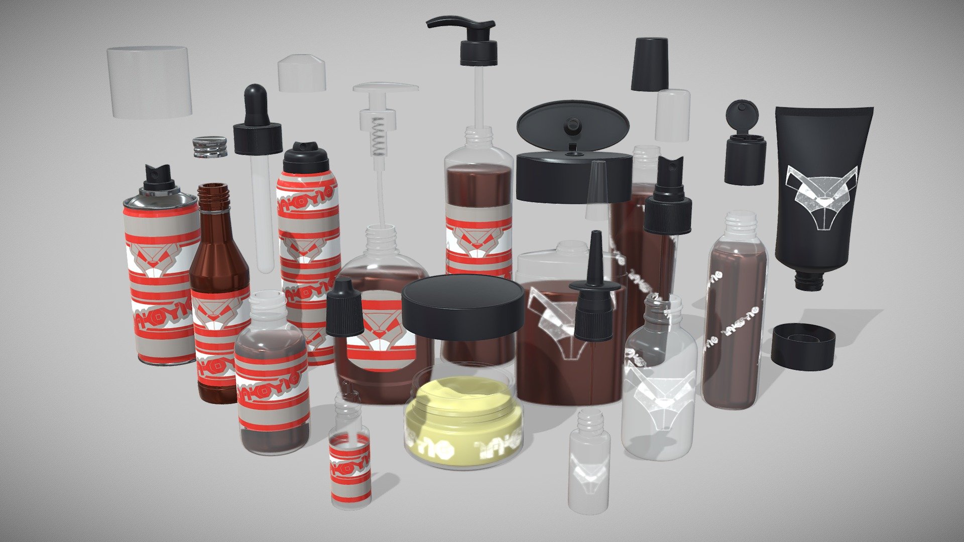 Containers, bottles of poisons and oils developed by the takoyto corporation for external and internal use. Your products can be represented on the labels 3d model