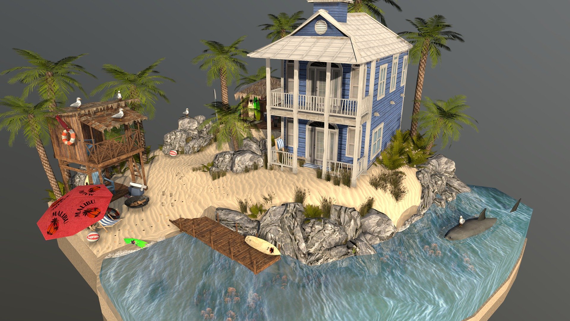 End exam for 3D1 at DAE.
I tried to work around the Idea of a group of surfer boys, spending their time in a surfer shack at the beach in florida. This was my first project in 3D software, since i had NO 3D experience at all before coming to DAE to learn, seeing my end project im quite happy with what I've achieved over such a short amount of time 3d model