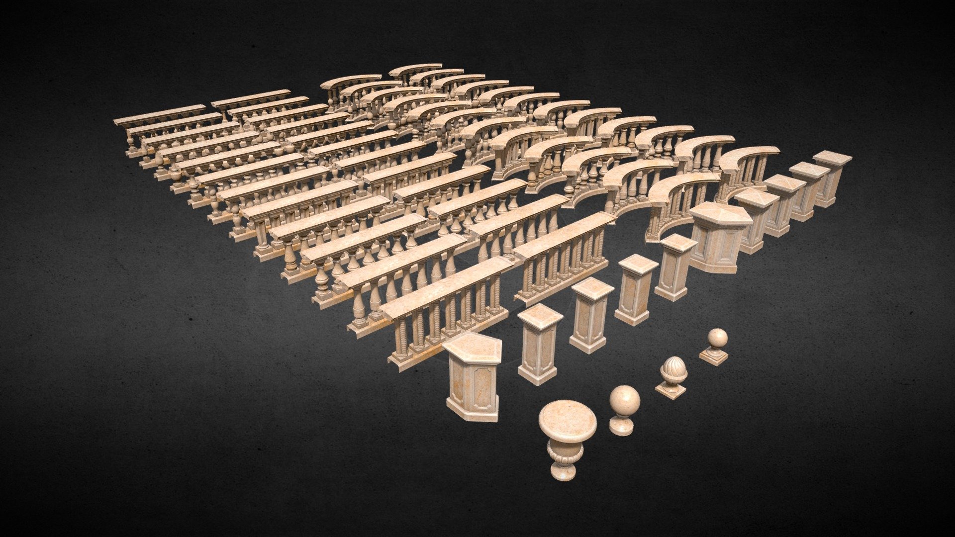 Balustrade Modular Pack created in lowpoly with 62 objects and two Texture-Sets (Stone &amp; Marble).

Package contains:



12 Rails with Balusters (Variation 1)

12 Rails with Balusters (Variation 2)

12 90° Curved-Rails with Balusters (Variation 1)

12 90° Curved-Rails with Balusters (Variation 2)

5 Pillars (Variation 1)

5 Pillars (Variation 2)

4 Tops (only for Pillars V1)



Topology: 468716 Tris



PBR Textures:

3x BaseColor (4k)

3x Metallic (4k)

3x Roughness (4k)

3x Normal (4k)

3x Ambient Occlusion (4k)



Mesh: .fbx Format

Textures: .png Format




download only &ldquo;Additional file