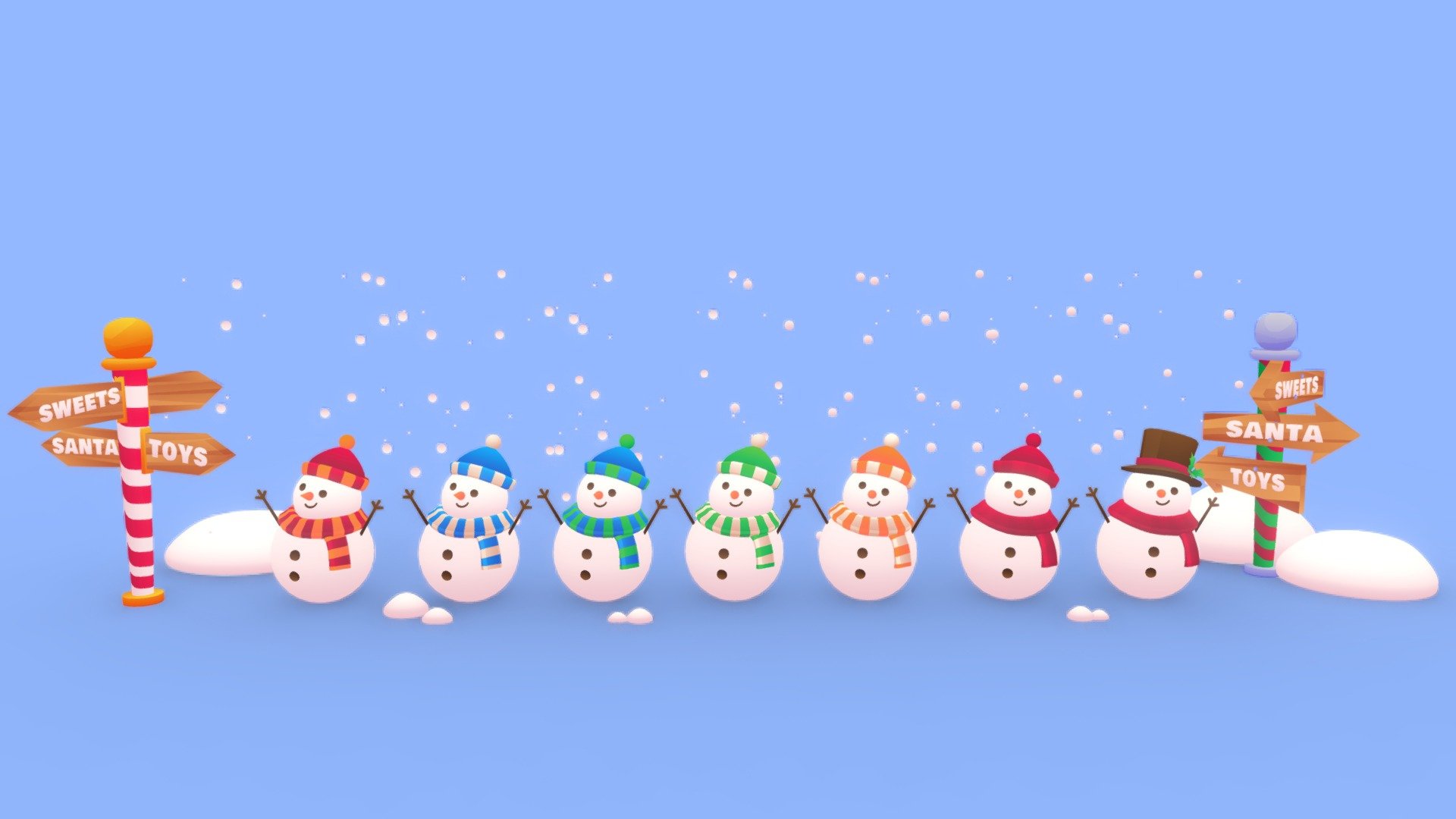 🎅🎄 Happy holidays! 🎄🎅

Spice up your christmas special in your game with this cute cute stylized snowmen and north pole signs christmas pack, use it in your render scenes and games.
Textured with gradient atlas, so it is performant for mobile games and video games.

Like a few of my other assets in the same style, it uses a single texture diffuse map and is mapped using only color gradients. All gradient textures can be extended and combined to a large atlas.

There are more assets in this style to add to your game scene or environment. Check out my sale.

If you want to change the colors of the assets, you just need to move the UVs on the atlas to a different gradient. Or contact me for changes, for a small fee.

-------------Terms of Use--------------

Commercial use of the assets provided is permitted but cannot be included in an asset pack or sold at any sort of asset/resource marketplace. or shared for free - cute stylized snowmen and north pole signs - Buy Royalty Free 3D model by Stylized Box (@Stylized_Box) 3d model