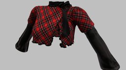Female Red And Black Plaid Long Sleeves Crop Top steampunk, and, red, cute, punk, fashion, girls, top, clothes, bell, sleeves, womens, wear, crop, lon, pbr, low, poly, female, black, sweetheart, plaids, neckline
