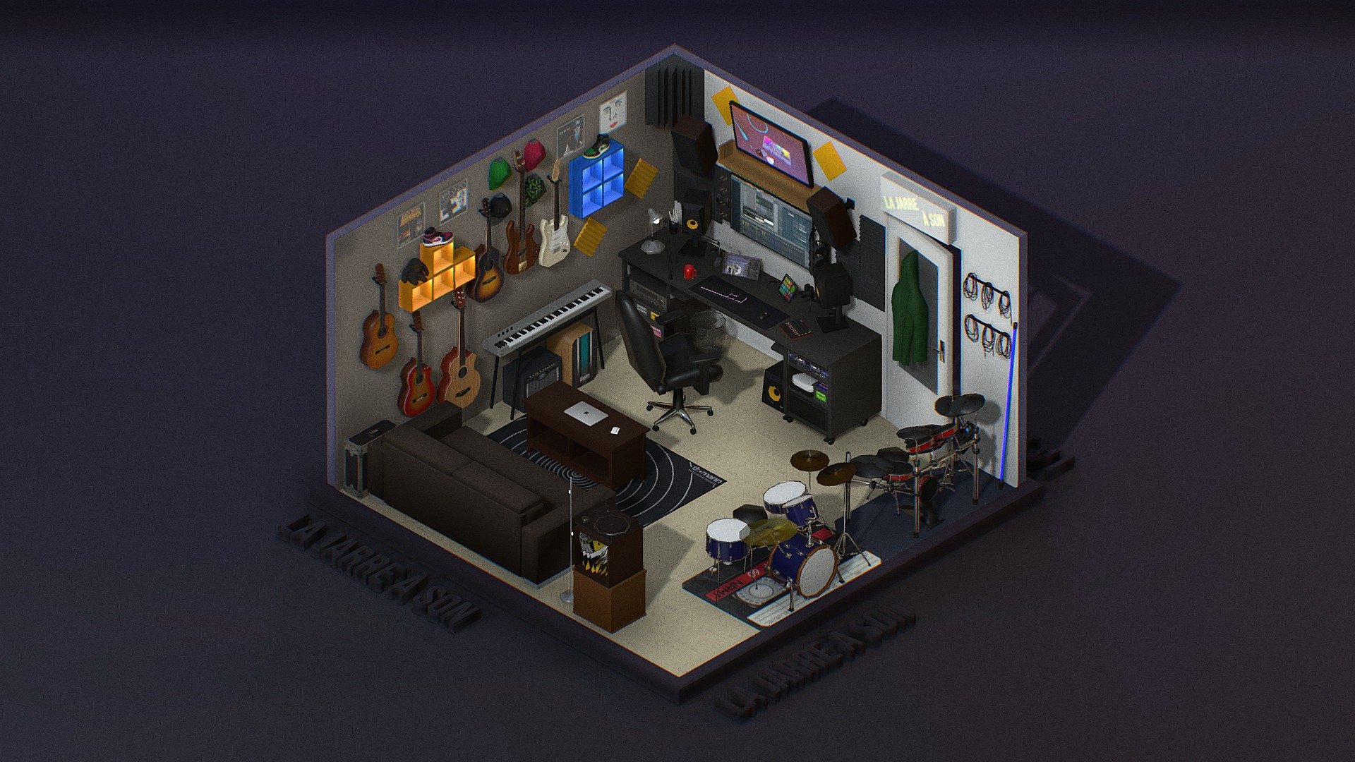 This is basically my bedroom, that i transformed into a home studio years ago.
During lockdown 2020, i started to make a lowpoly version, which became a basis for my website.

Made in Blender 2.93 - La Jarre à Son - Low Poly Home Studio - 3D model by La Jarre à Son (@la_jarre_a_son) 3d model